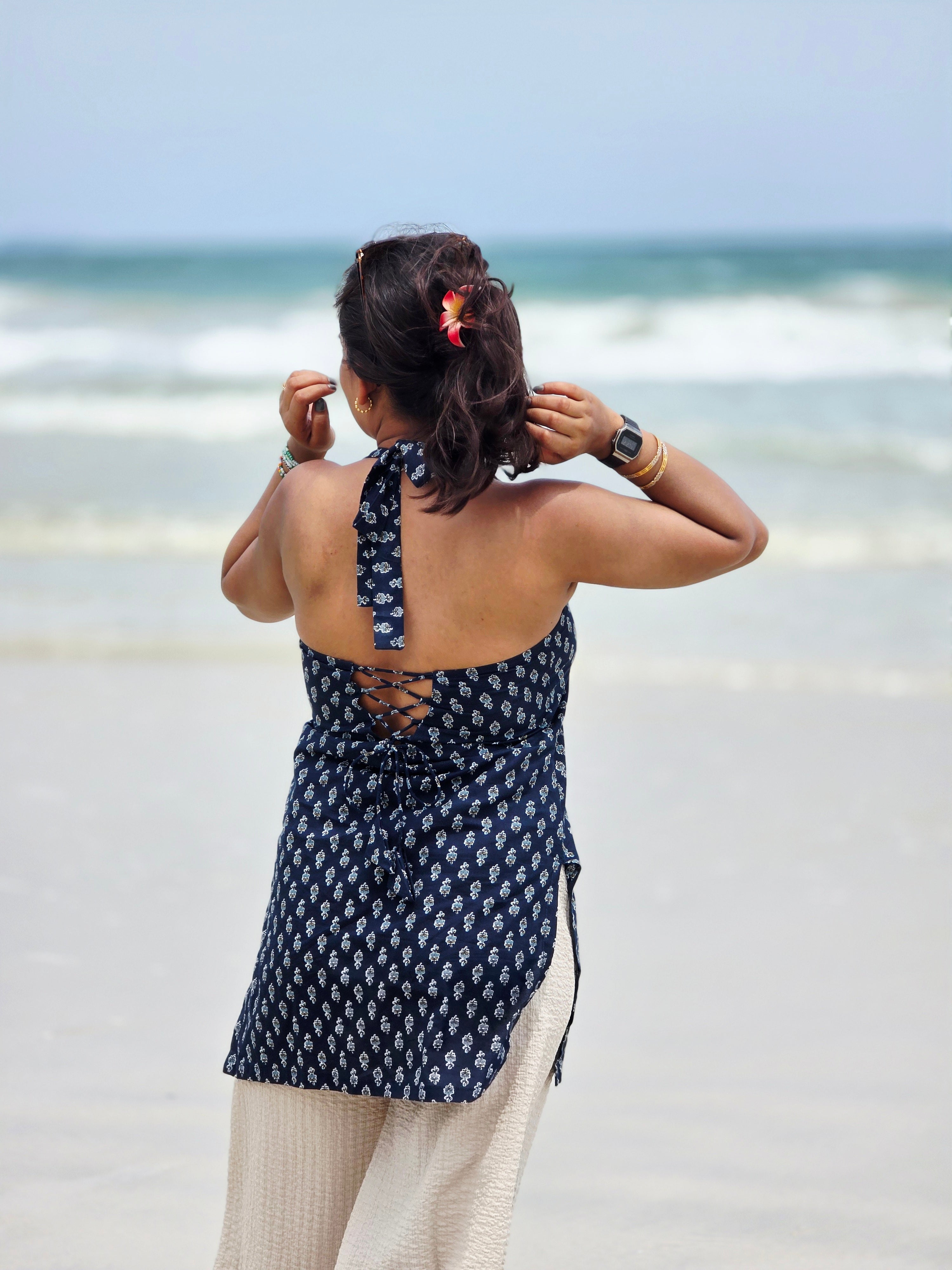 Indigo Halter Neck Back-Tie Kurti