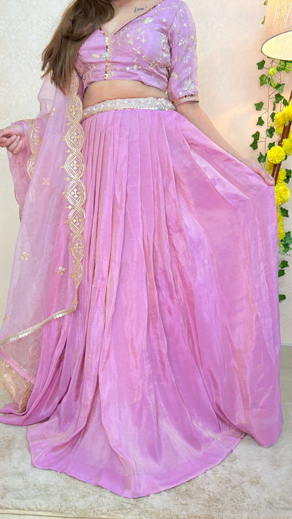 Pink lehenga with lace border