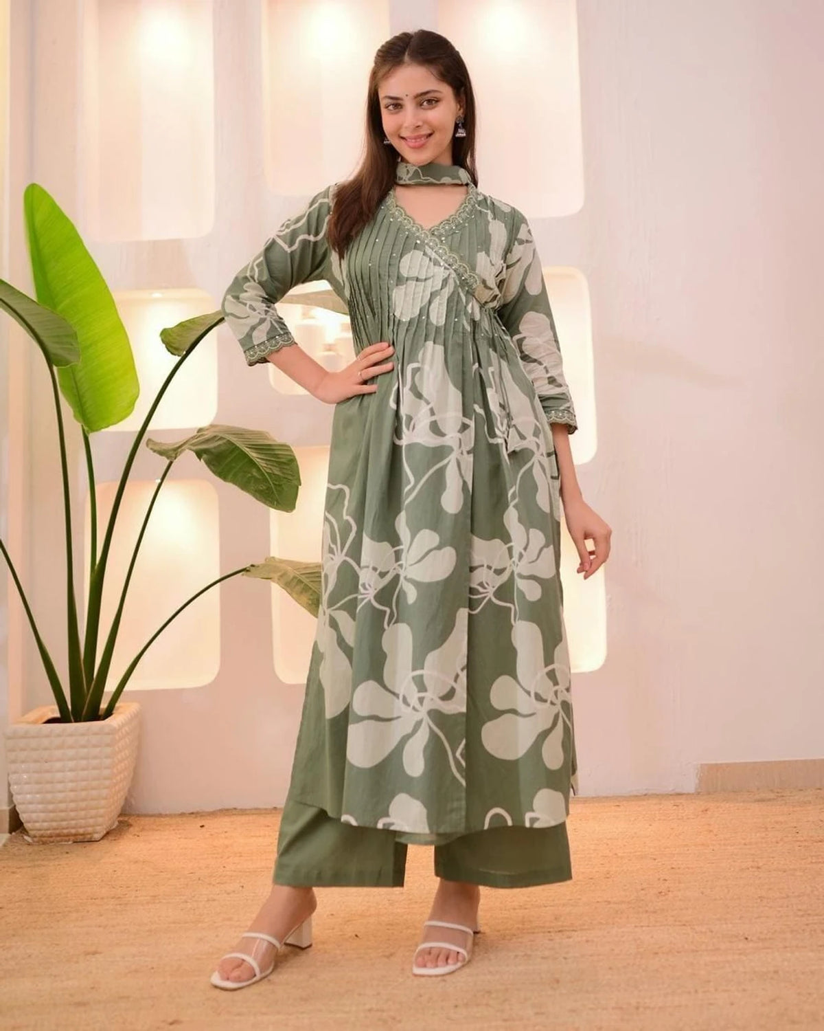 Green Pure Taj Cotton A-Line Kurta Set with Pant, Dupatta, Floral Print, Mirror Handwork, ¾ Sleeves