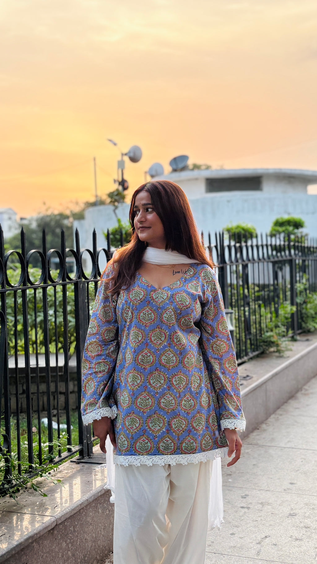 Powder Blue Buti Printed Kurta with White Farshi Salwar Suit Set