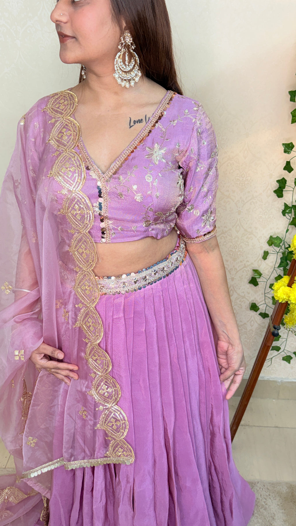 Pink lehenga with lace border