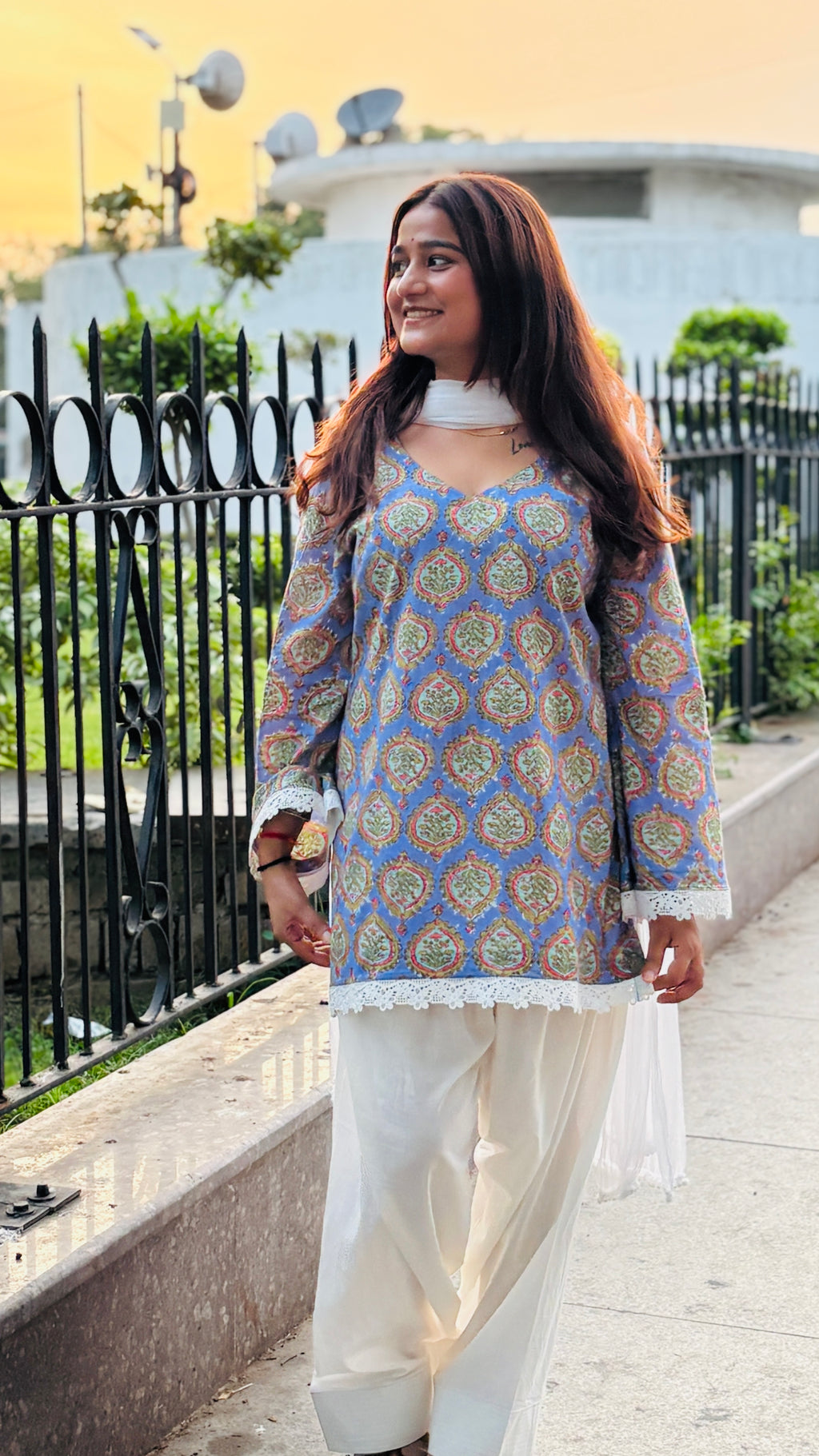 Powder Blue Buti Printed Kurta with White Farshi Salwar Suit Set