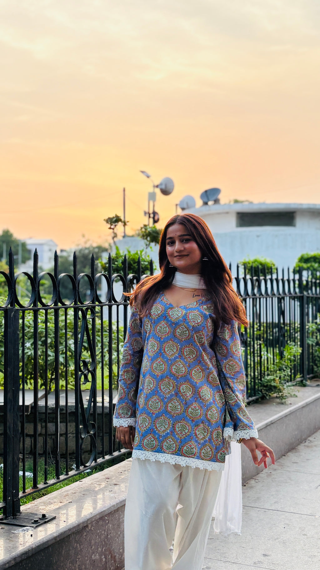 Powder Blue Buti Printed Kurta with White Farshi Salwar Suit Set