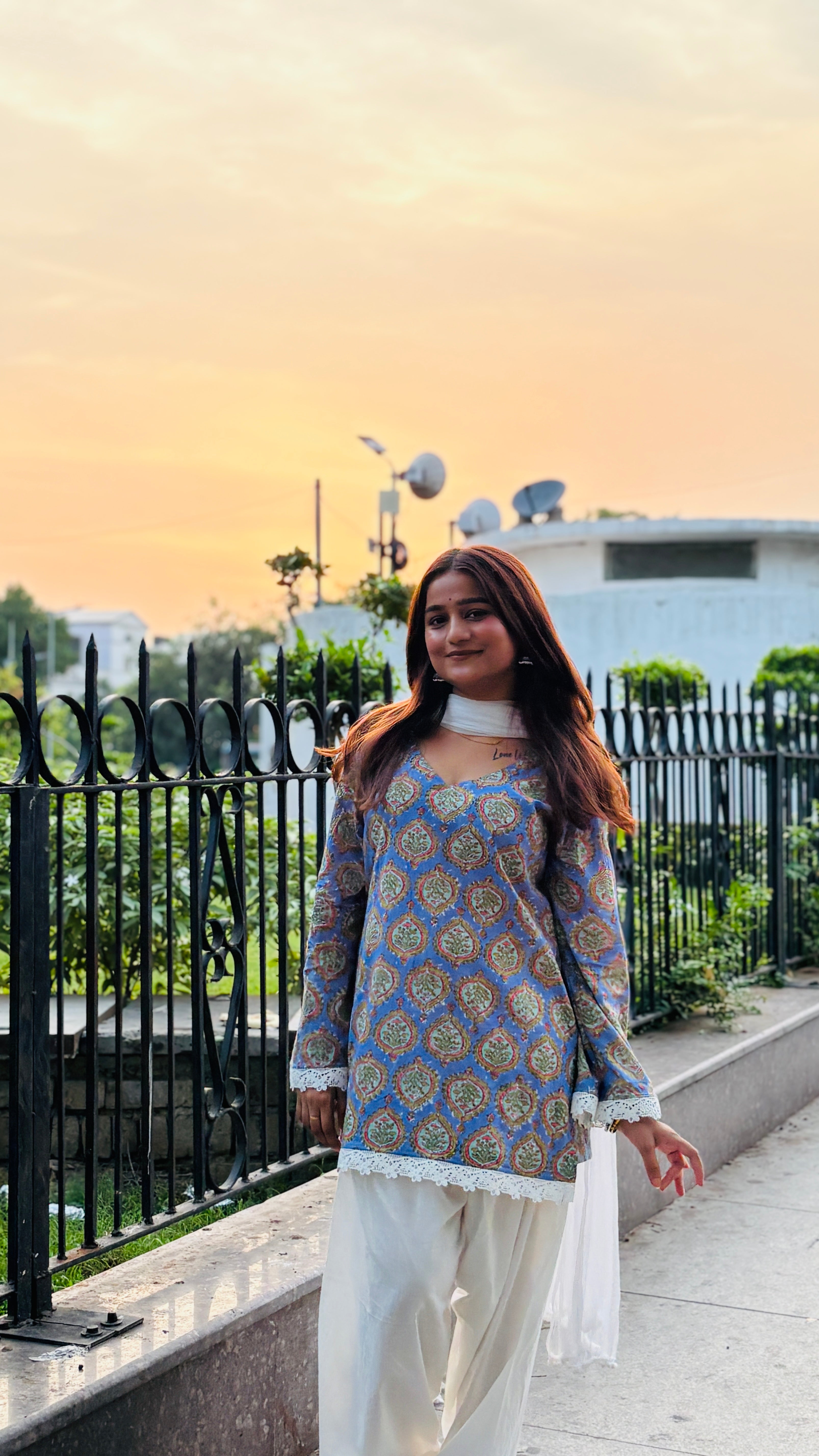 Powder Blue Buti Printed Kurta with White Farshi Salwar Suit Set