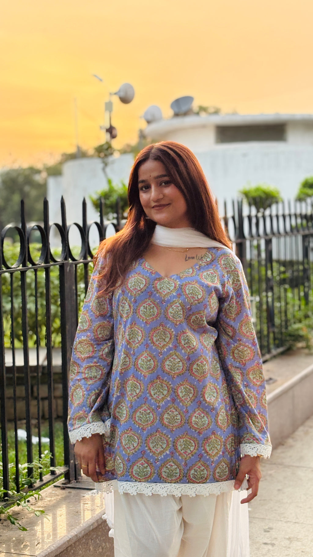 Powder Blue Buti Printed Kurta with White Farshi Salwar Suit Set