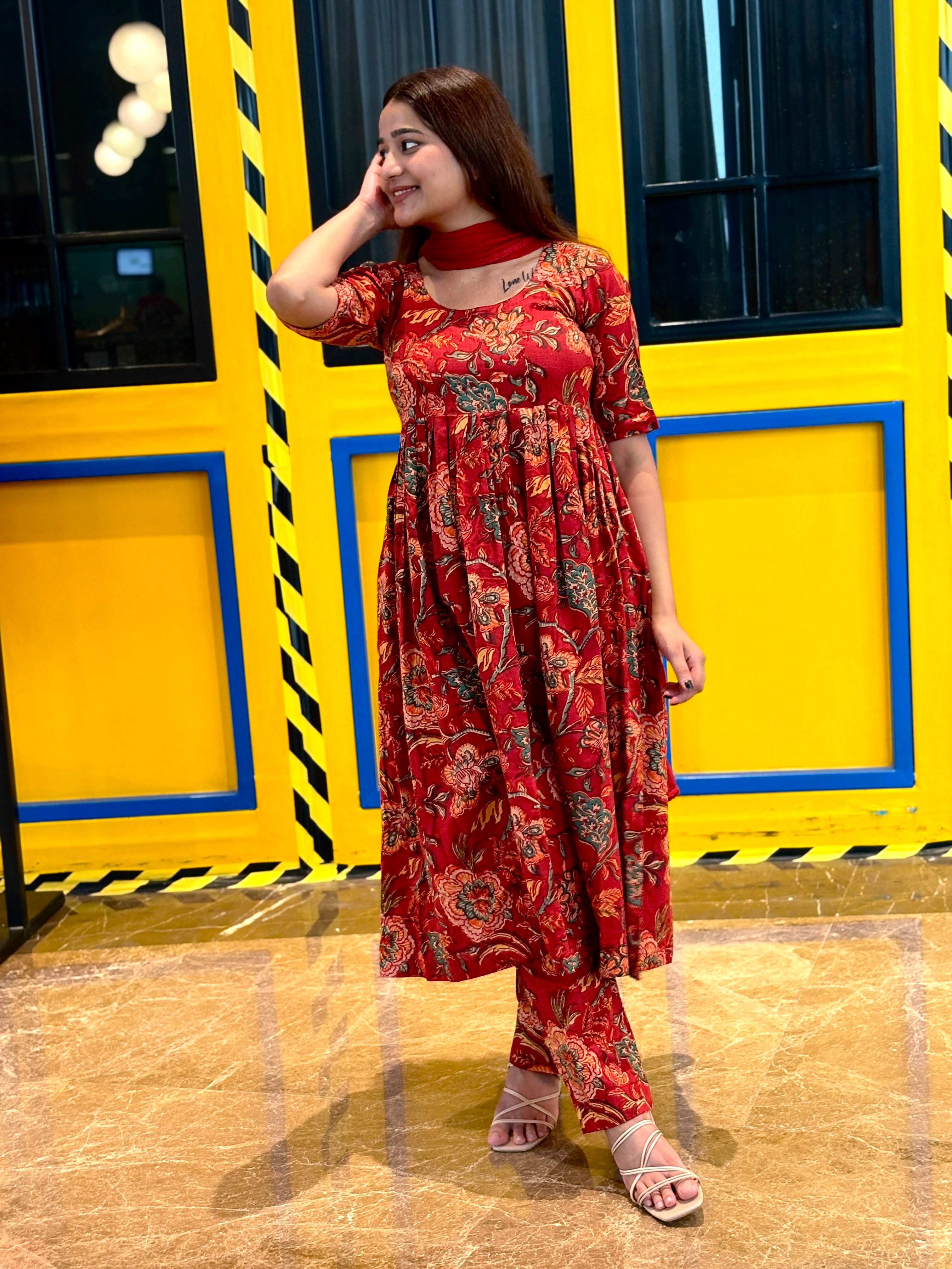 Maroon red Anarkali suit set