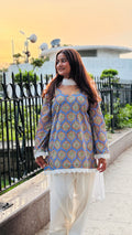 Powder Blue Buti Printed Kurta with White Farshi Salwar Suit Set