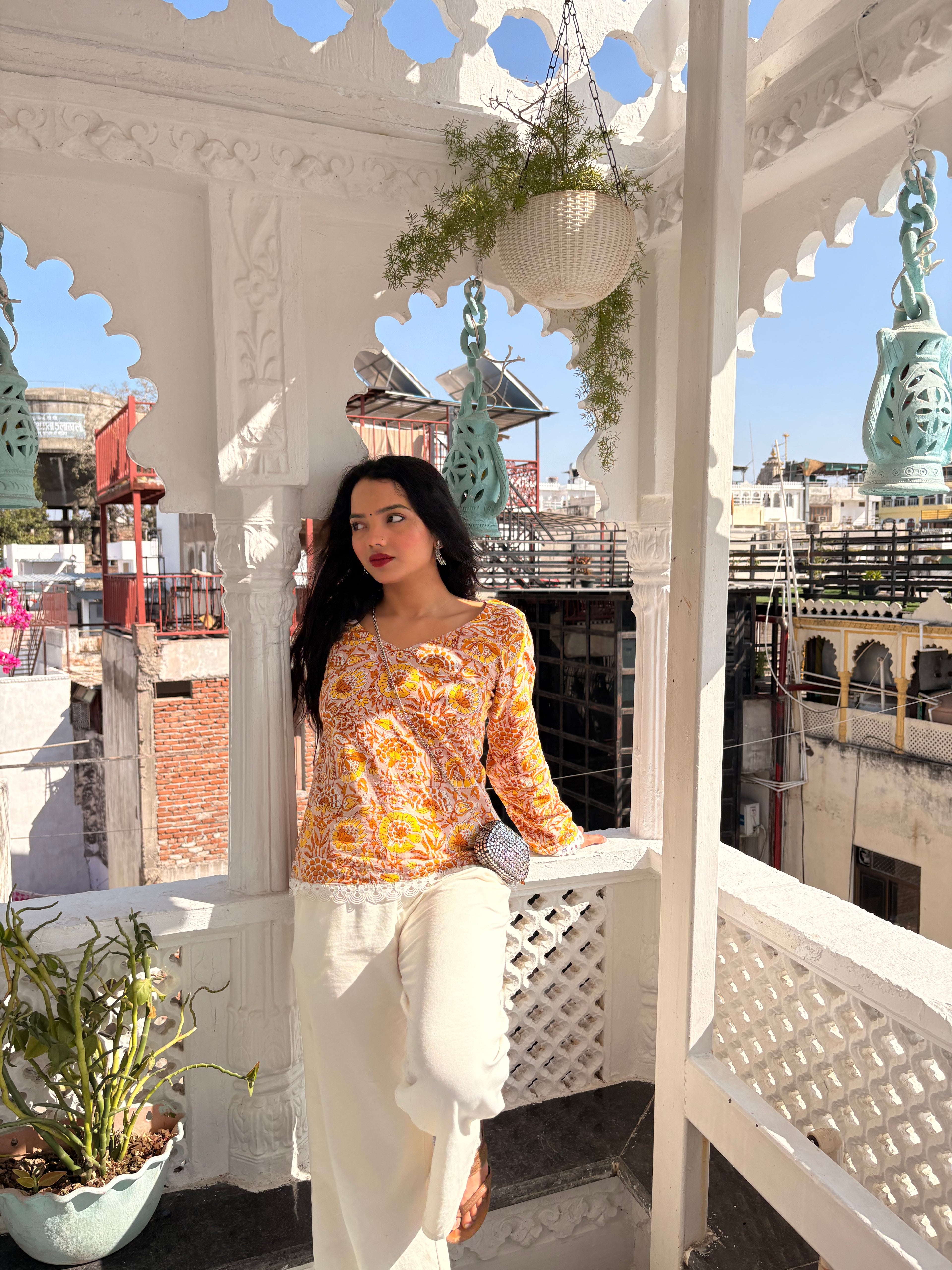 Yellow floral short kurti
