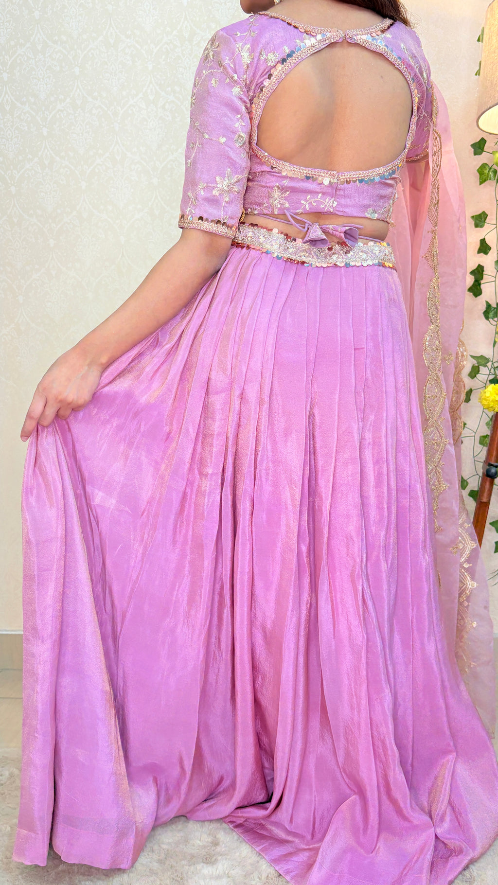 Pink lehenga with lace border