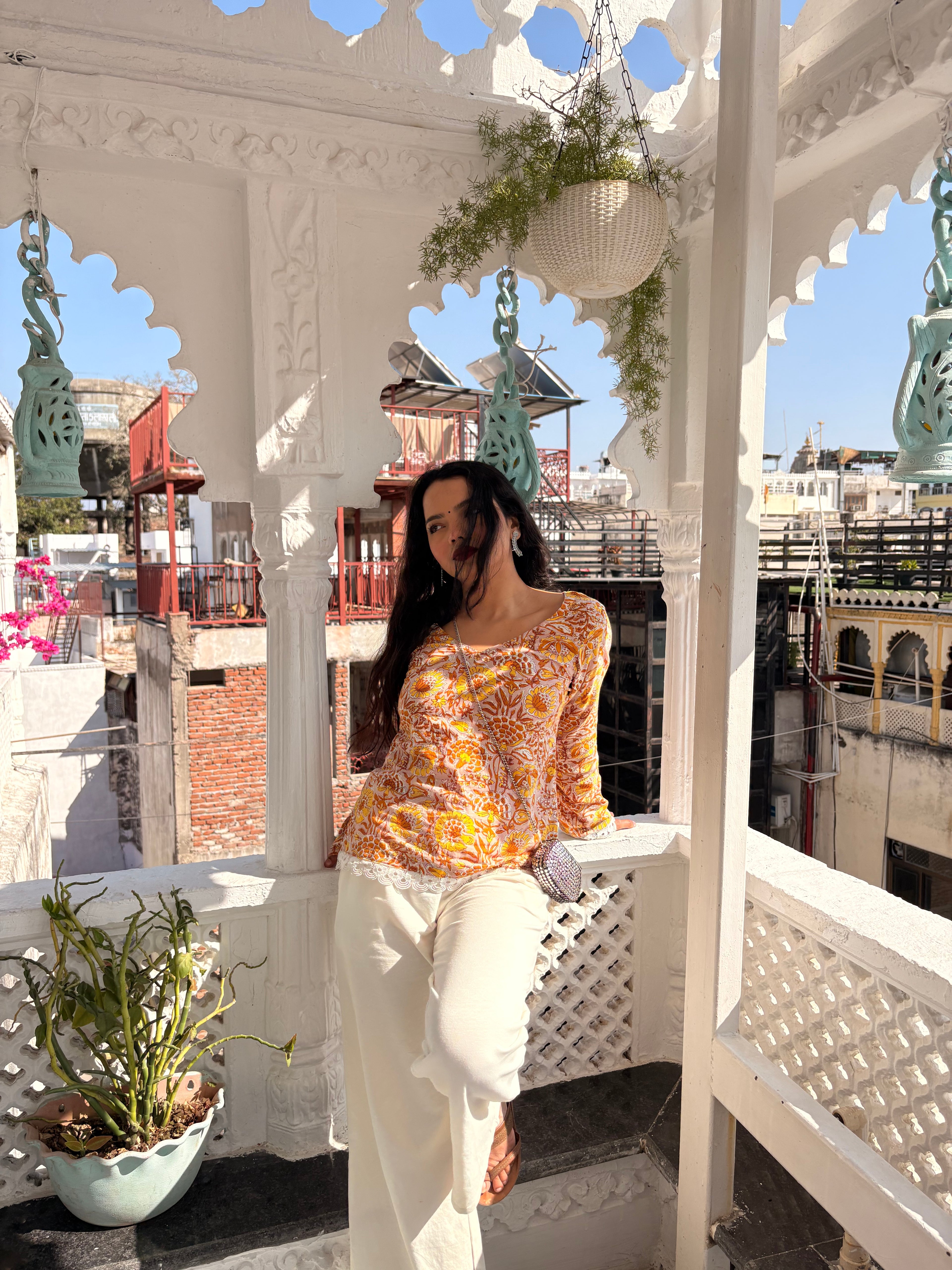 Yellow floral short kurti