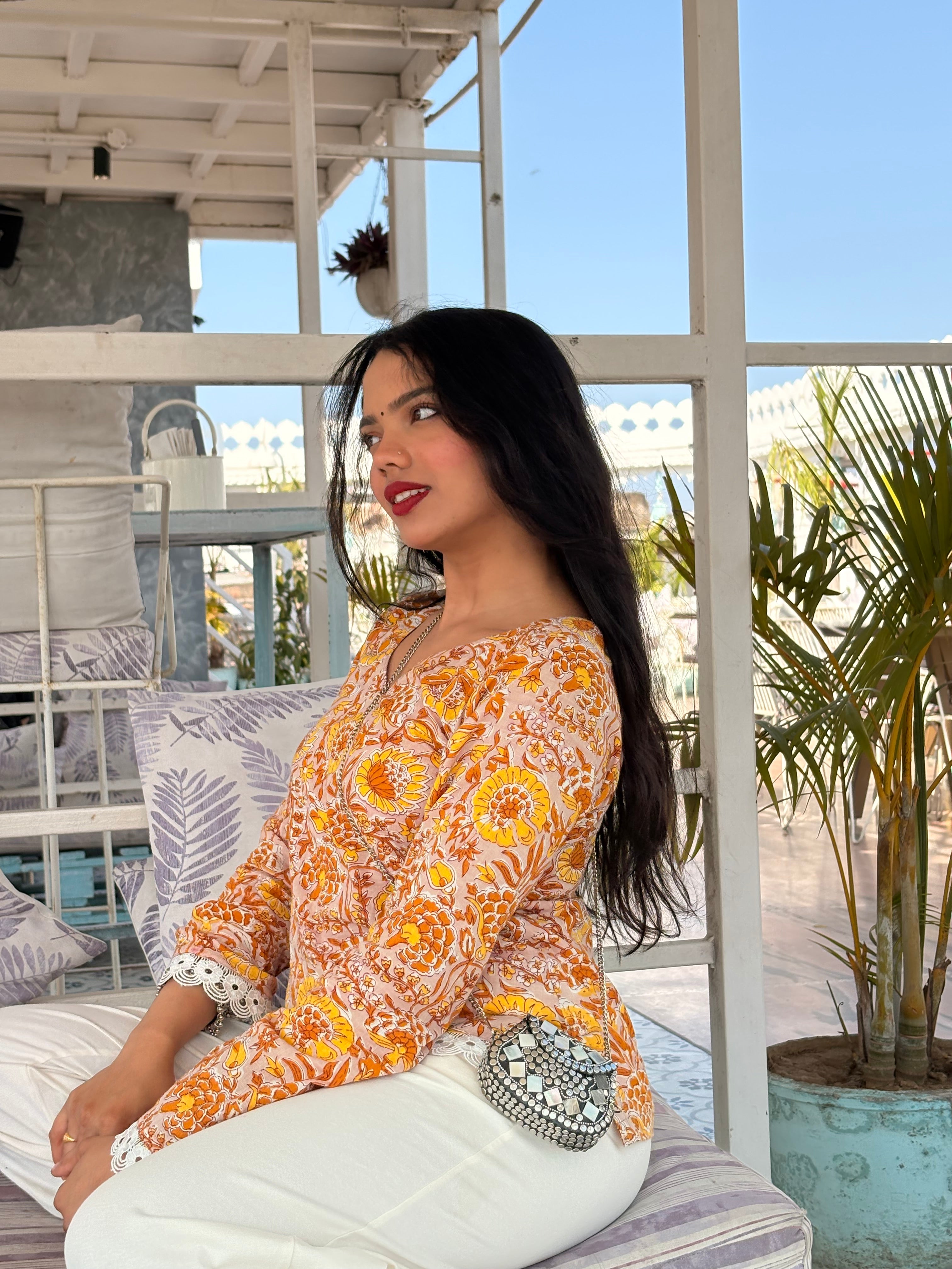 Yellow floral short kurti