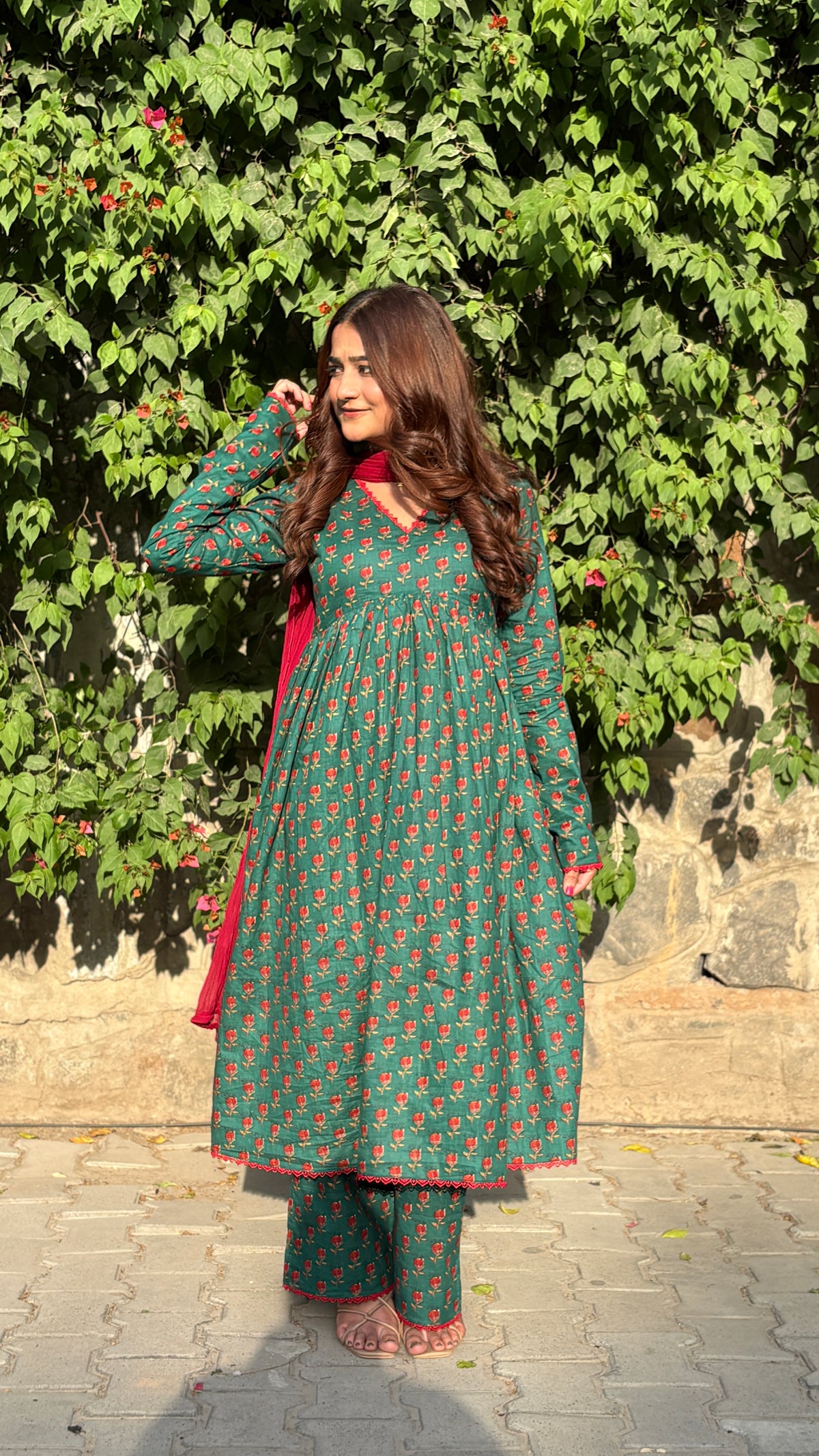 Bagh-e-Khas Green Viral Floral Print Anarkali Set With Dupatta