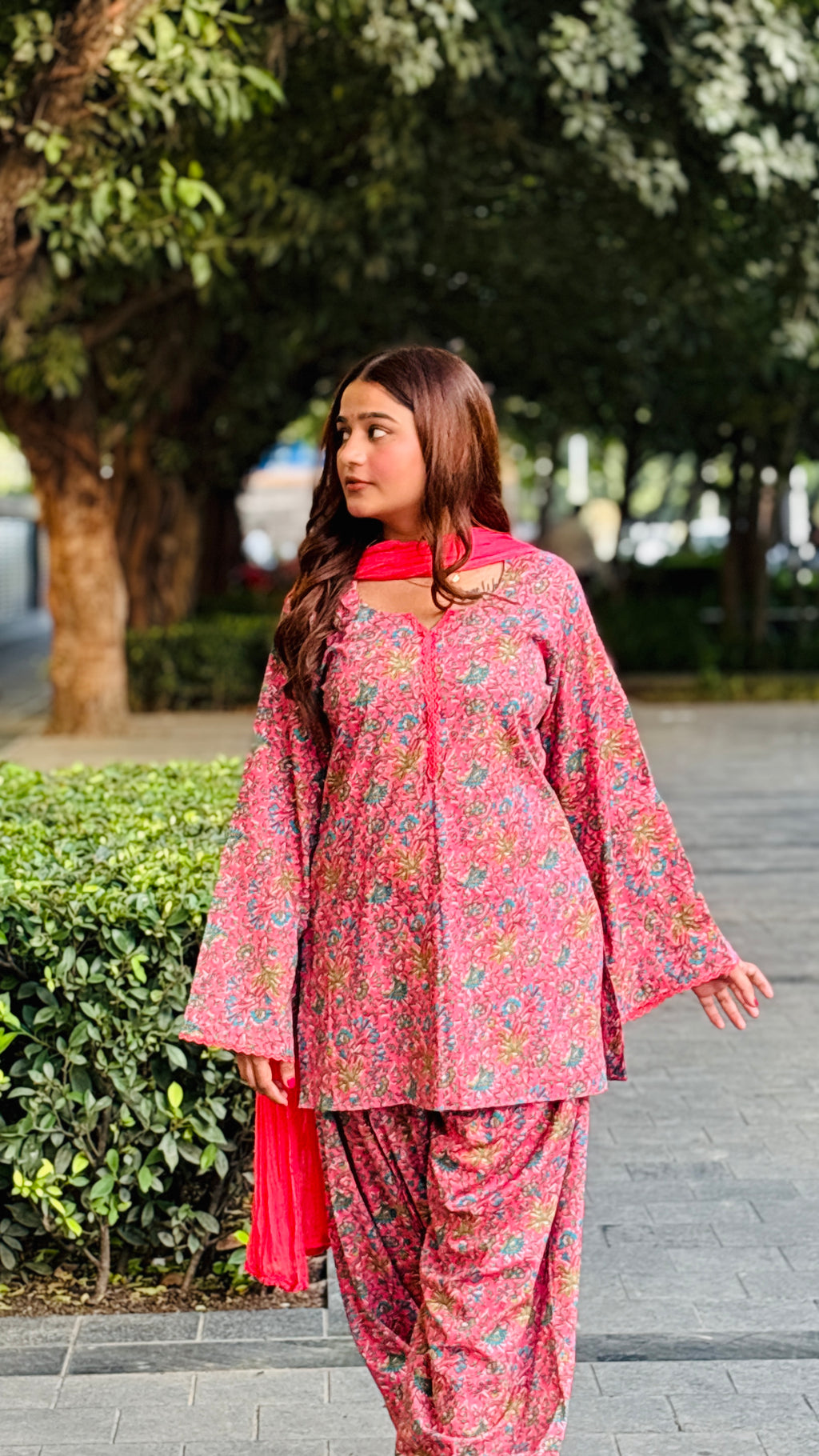 Pink Floral Block-Print Short Kurti with Salwar & Dupatta Set