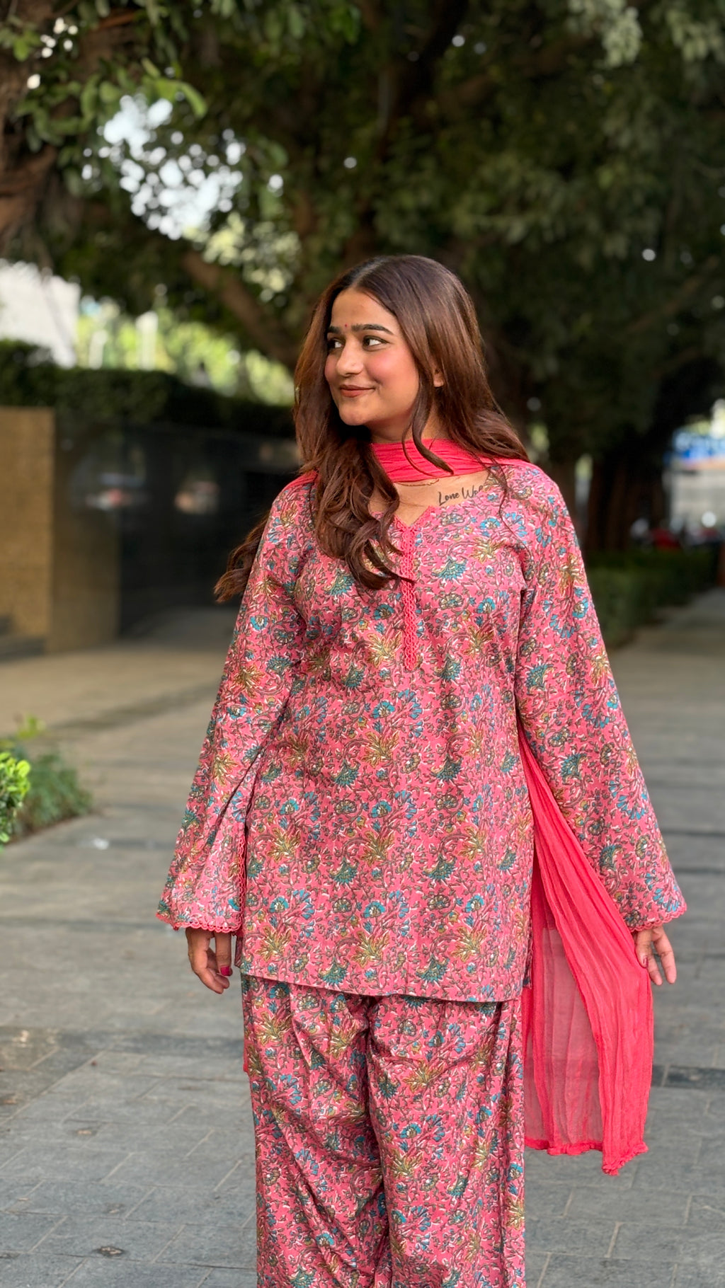 Pink Floral Block-Print Short Kurti with Salwar & Dupatta Set