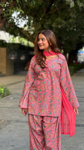Pink Floral Block-Print Short Kurti with Salwar & Dupatta Set