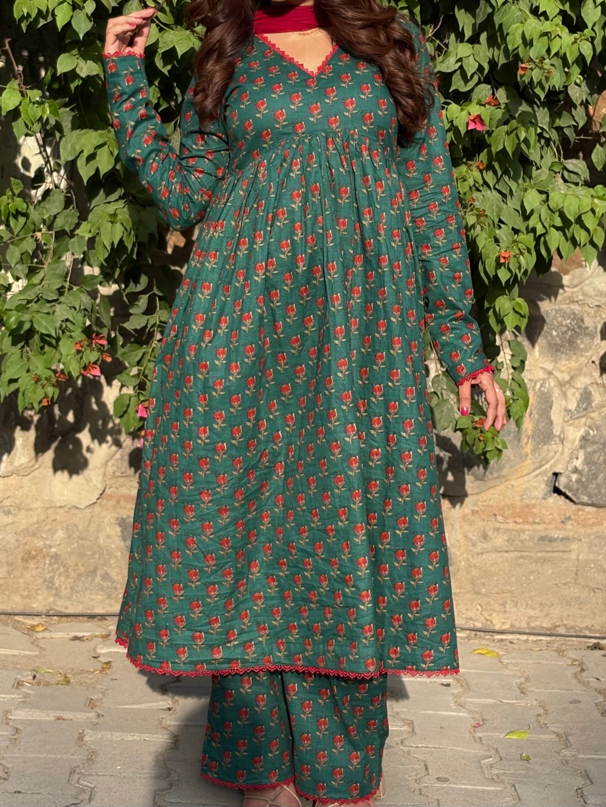 Bagh-e-Khas Green Viral Floral Print Anarkali Set With Dupatta