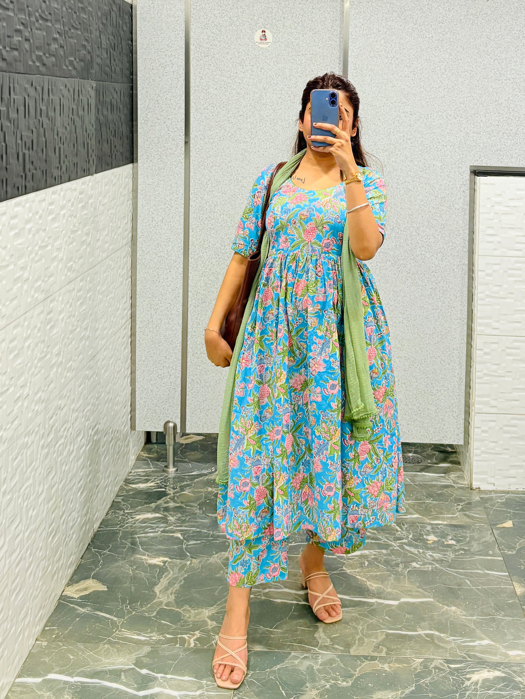 Sky‑Blue Pure Cotton Floral Suit Set