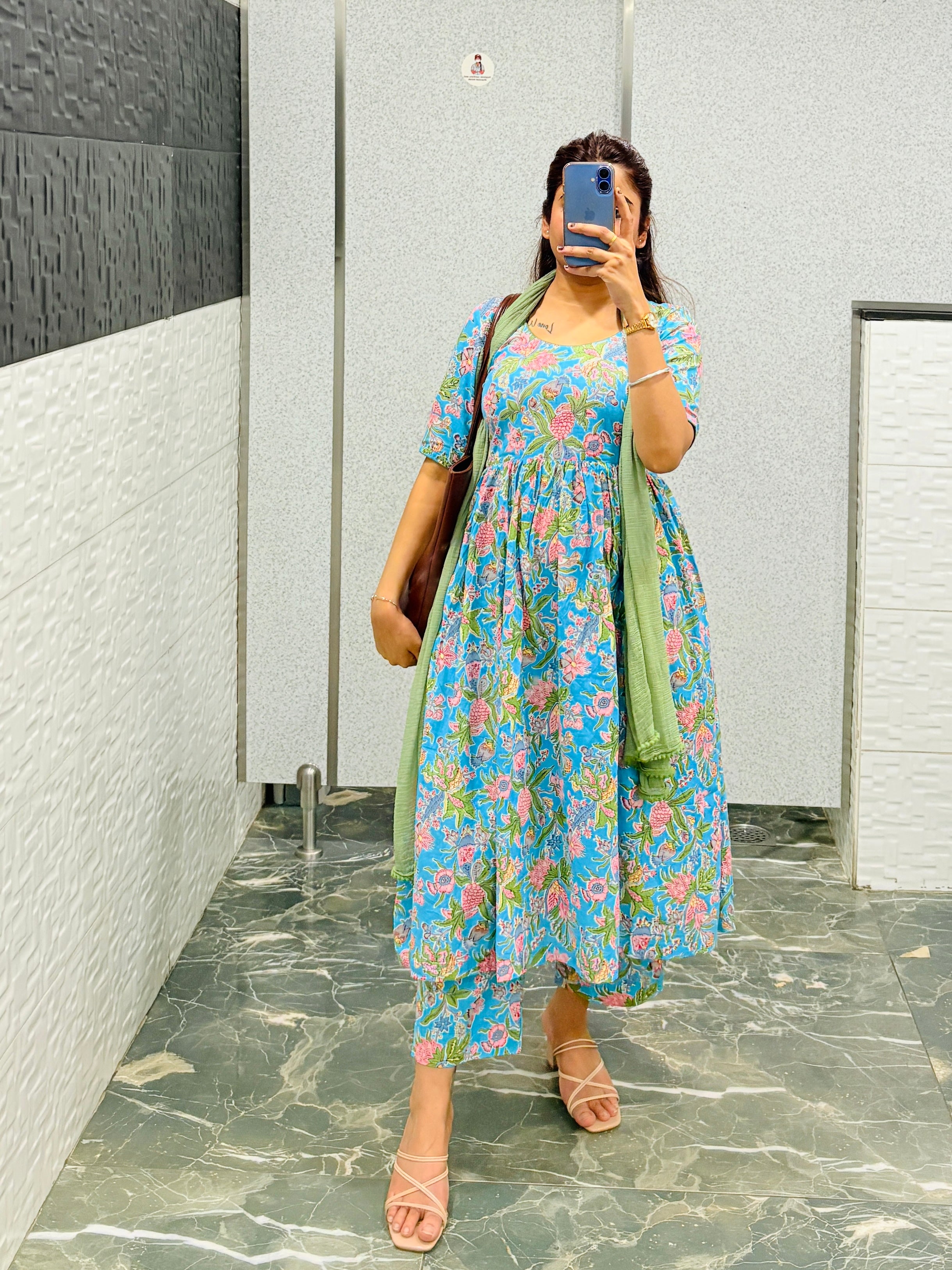 Sky‑Blue Pure Cotton Floral Suit Set