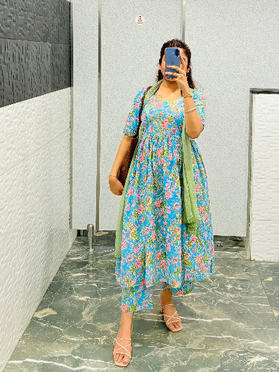 Sky‑Blue Pure Cotton Floral Suit Set