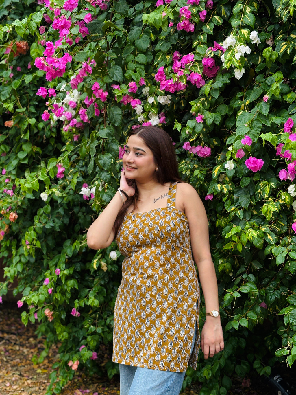 Mustard Block‑Print Strip-Cotton Kurti
