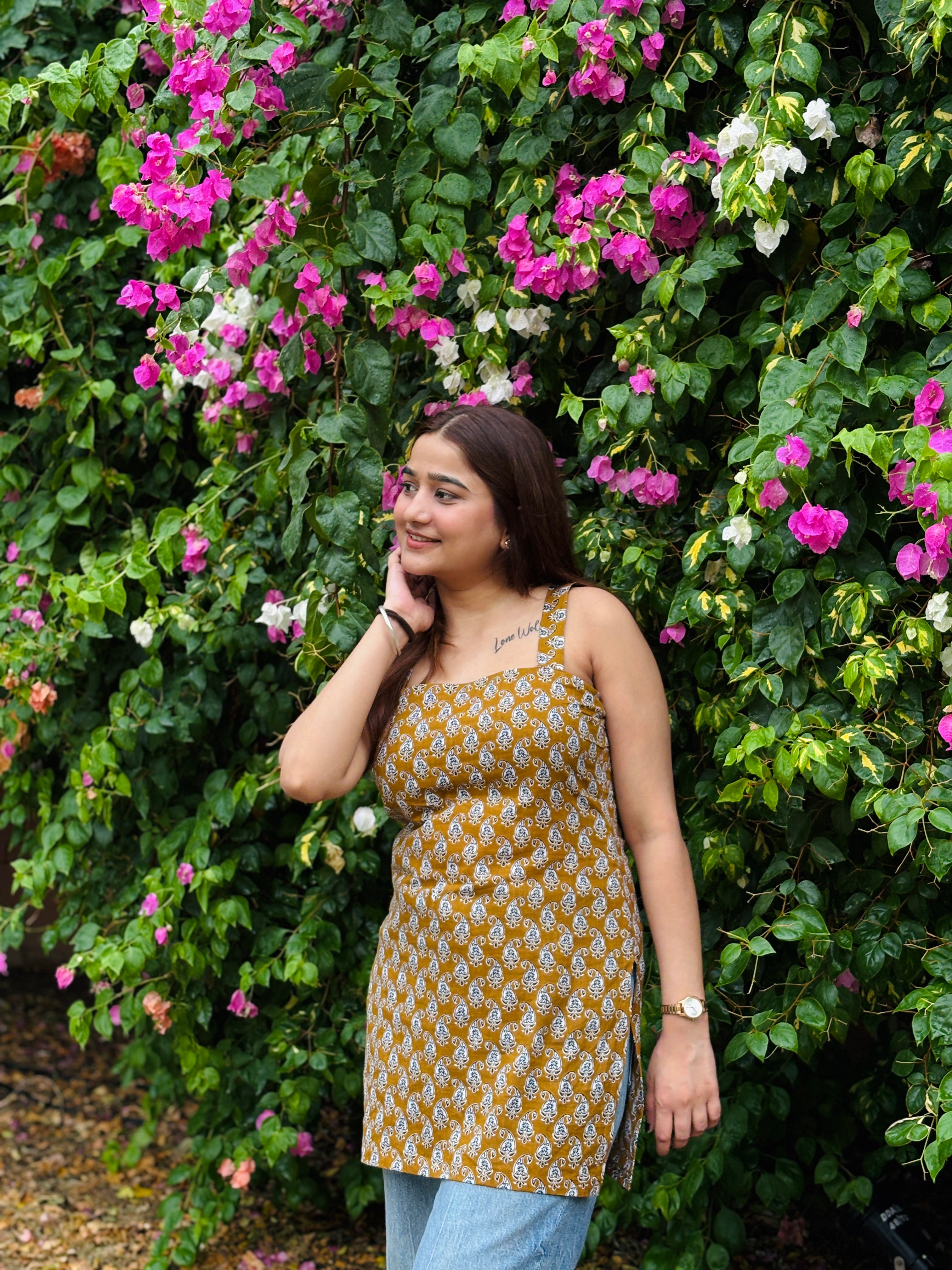 Mustard Block‑Print Strip-Cotton Kurti