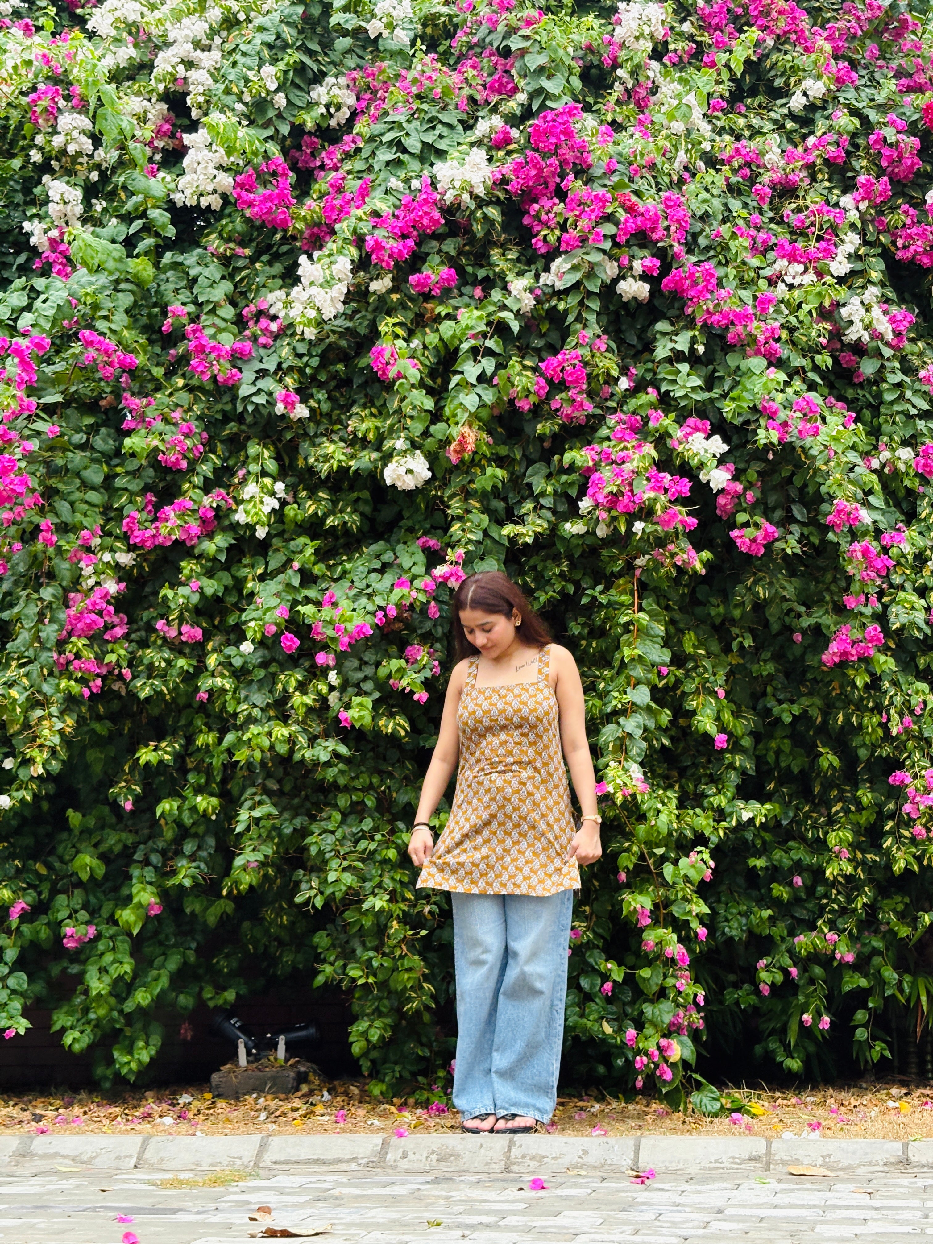 Mustard Block‑Print Strip-Cotton Kurti