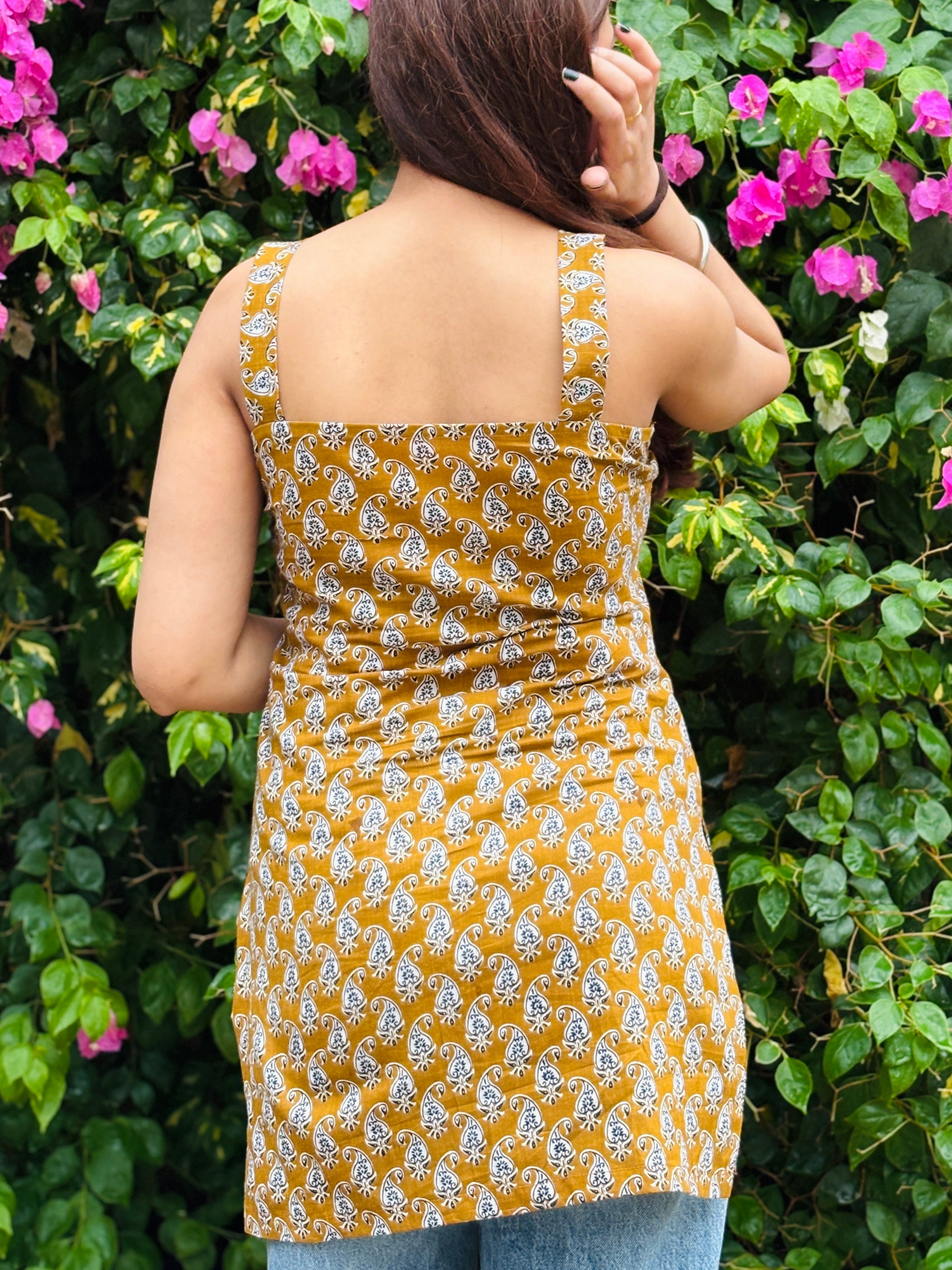 Mustard Block‑Print Strip-Cotton Kurti