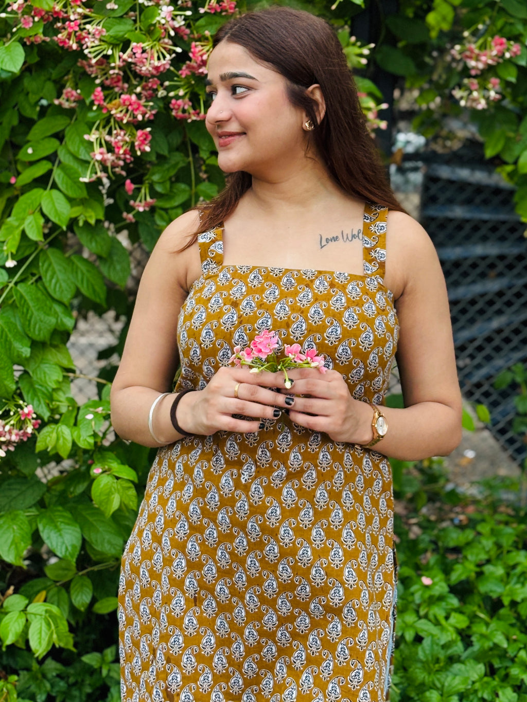 Mustard Block‑Print Strip-Cotton Kurti