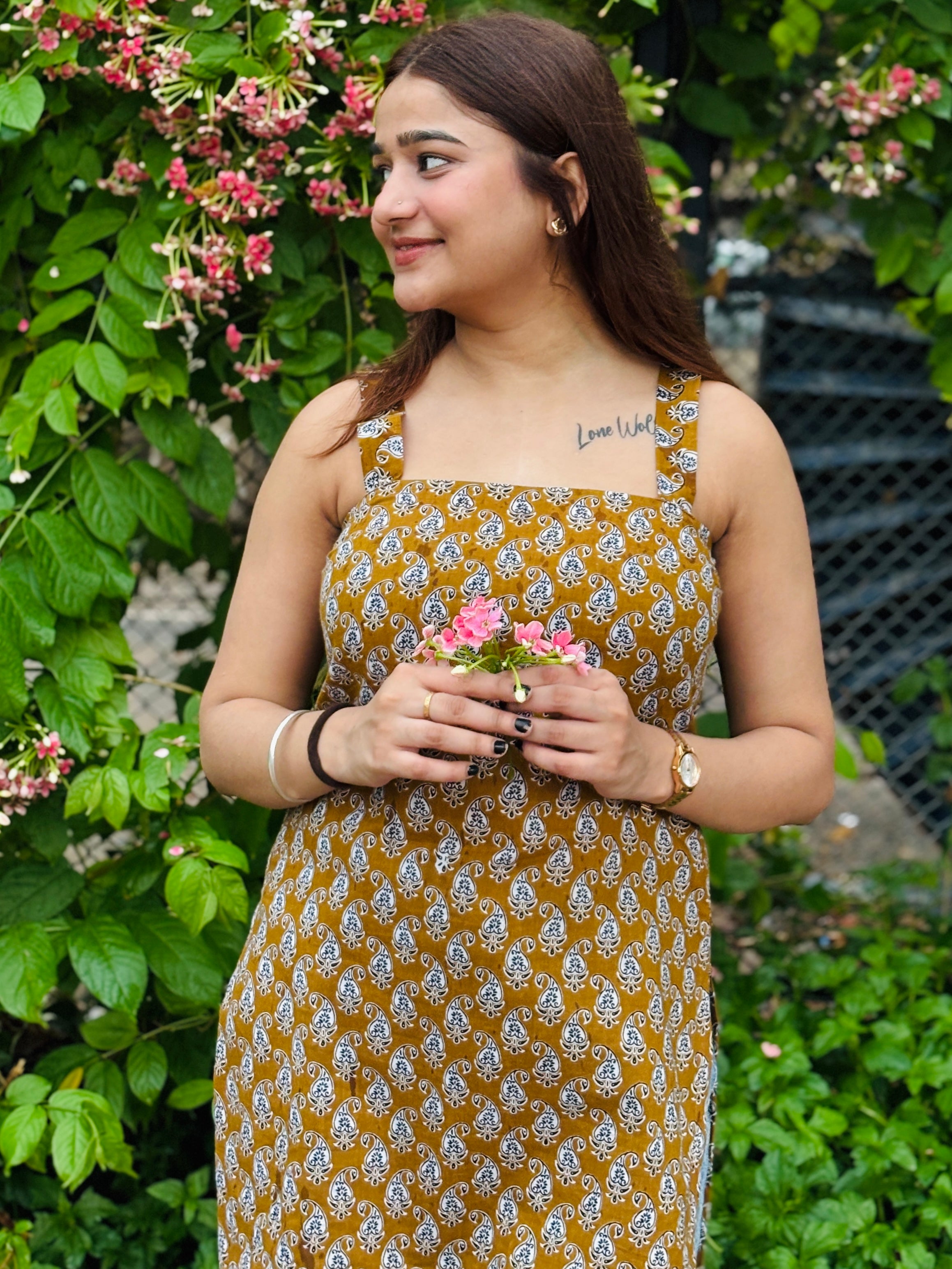 Mustard Block‑Print Strip-Cotton Kurti