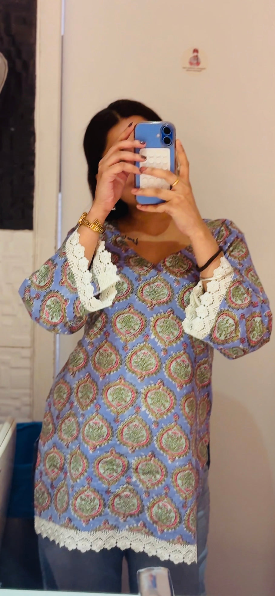 Lilac Blue Pure Cotton Printed Kurti with Lace Trim