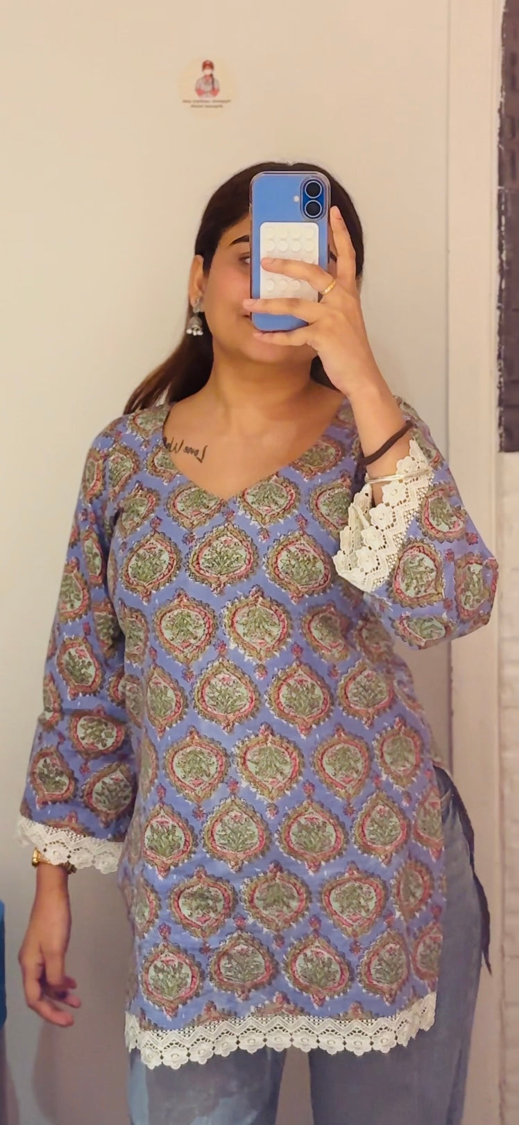 Lilac Blue Pure Cotton Printed Kurti with Lace Trim