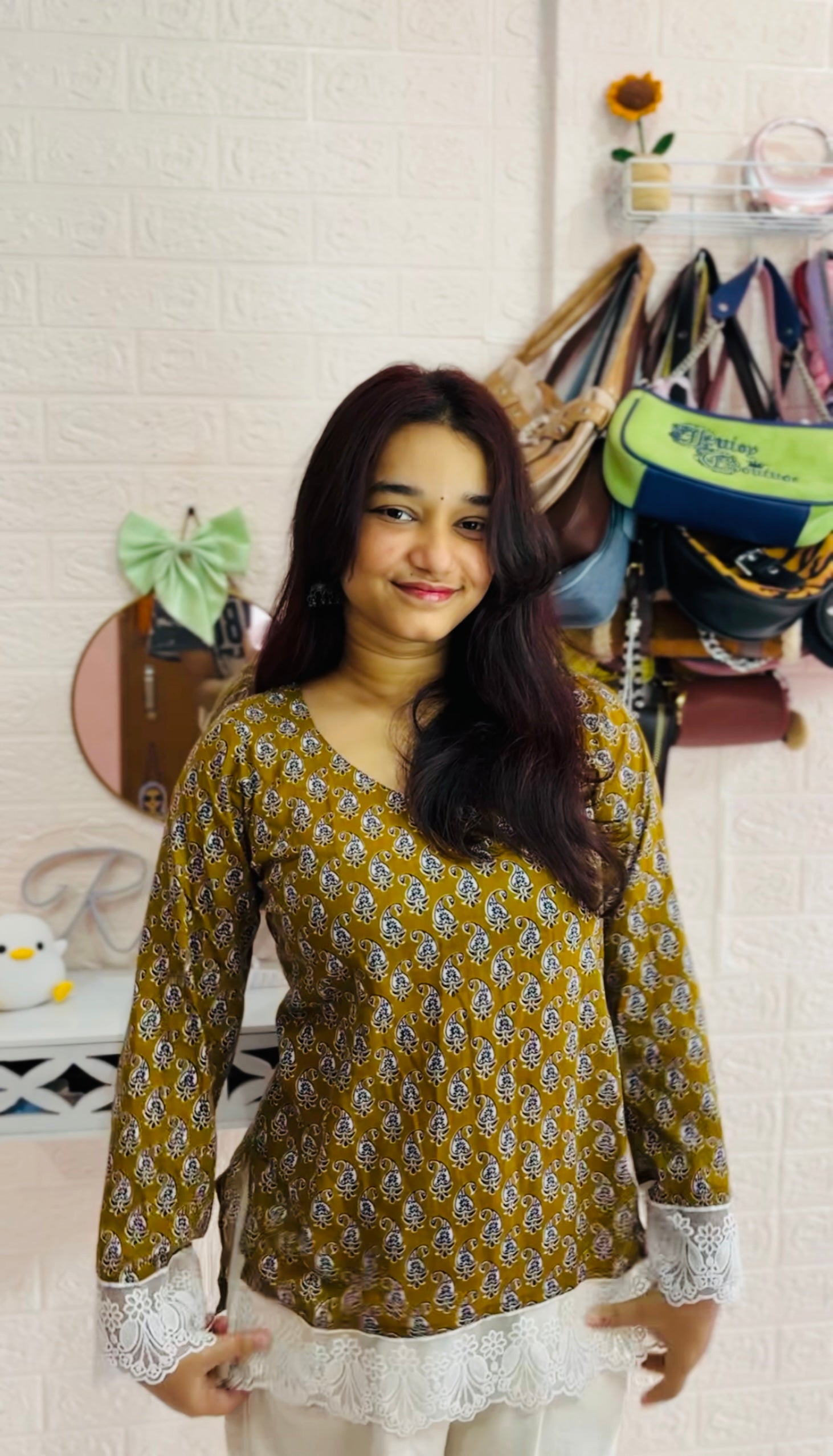 Mustard Paisley Printed Cotton Kurti with Lace Detailing
