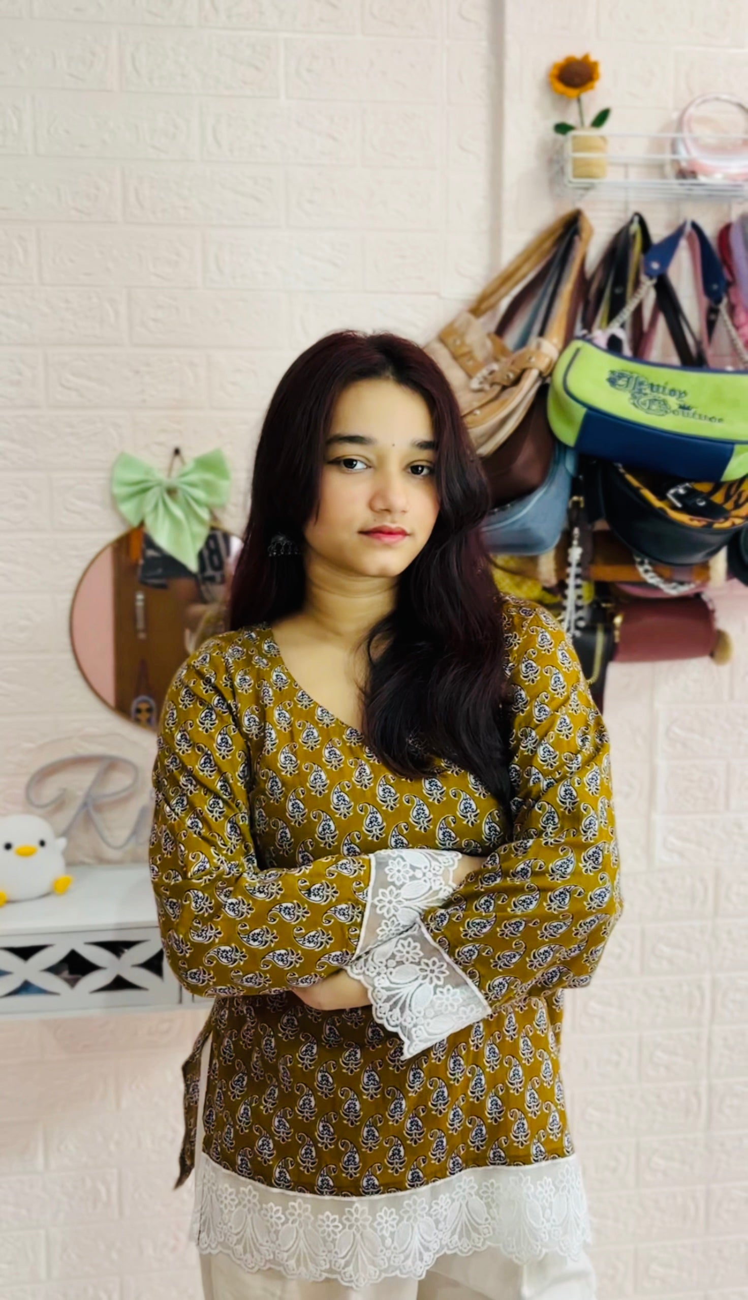 Mustard Paisley Printed Cotton Kurti with Lace Detailing