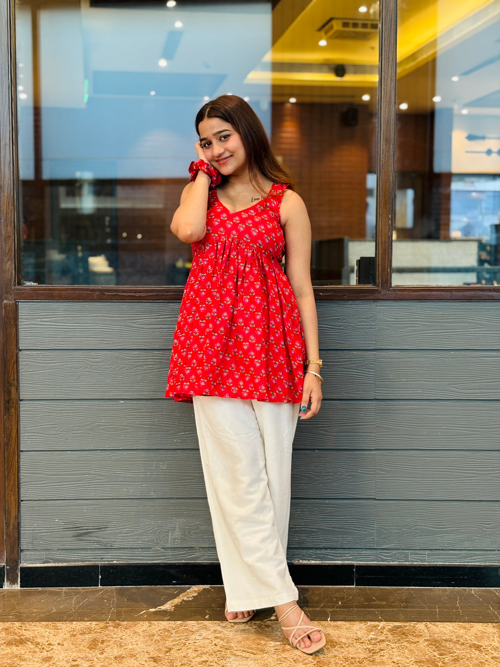 Red Floral Sleeveless Cotton Tunic