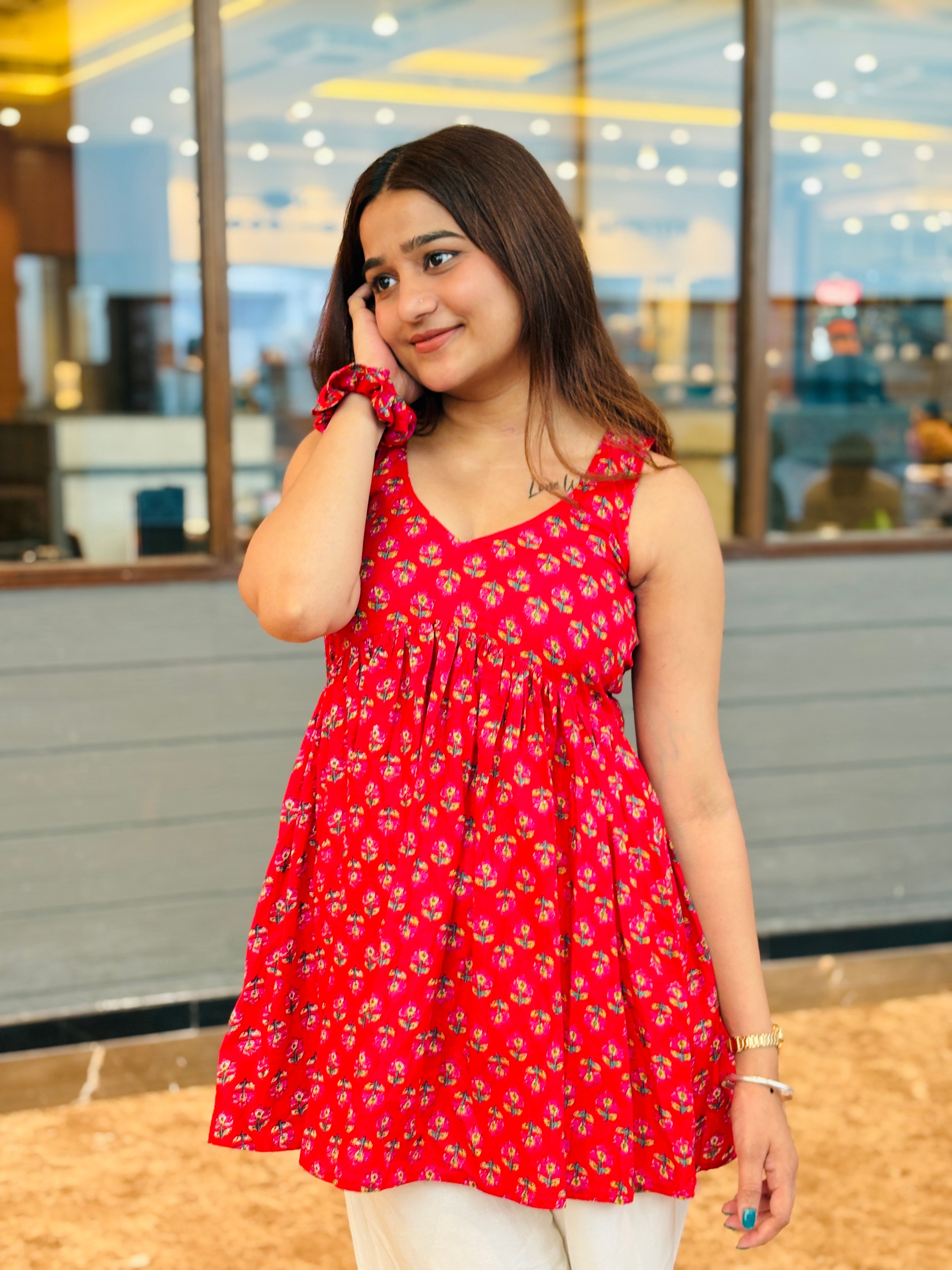 Red Floral Sleeveless Cotton Tunic