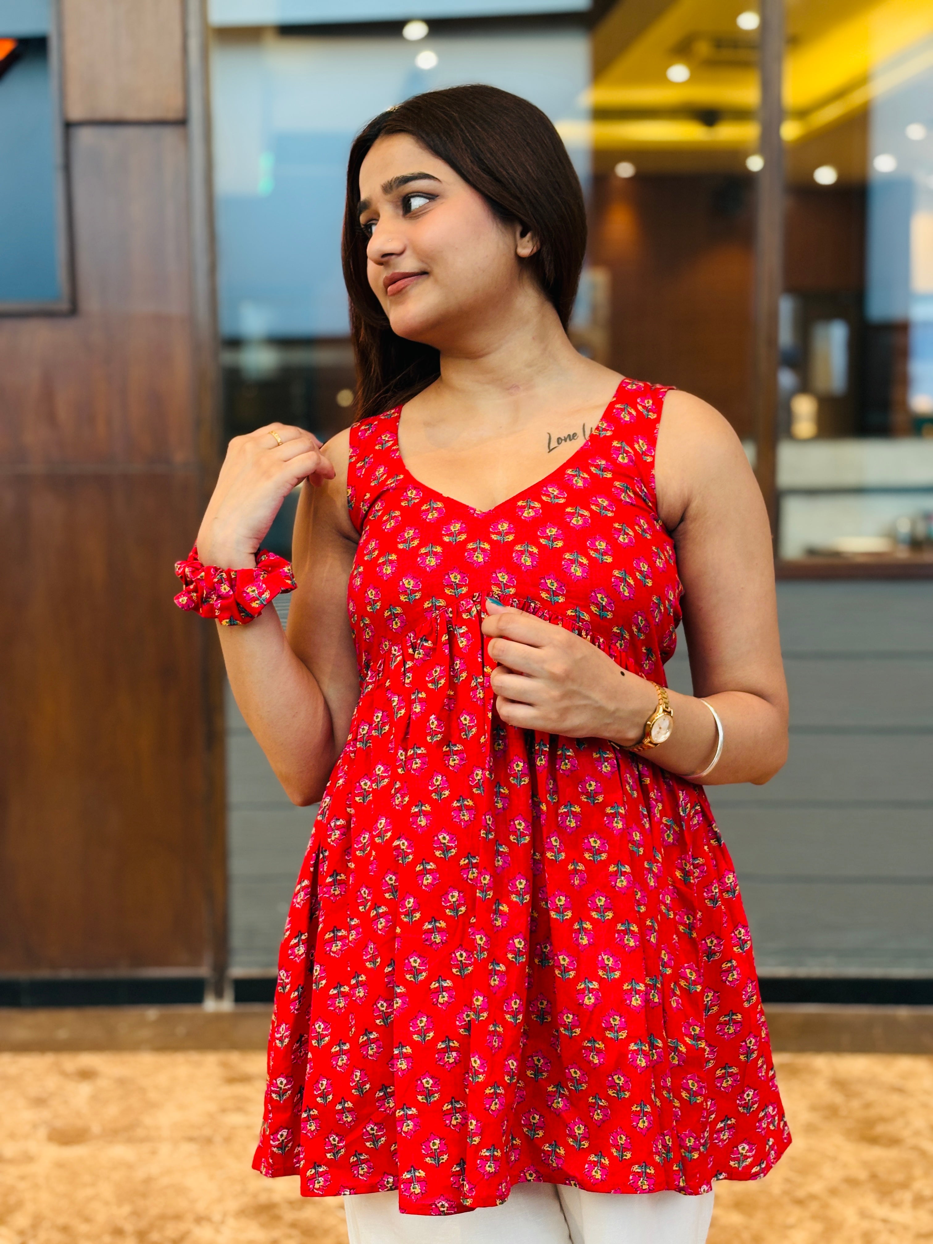 Red Floral Sleeveless Cotton Tunic