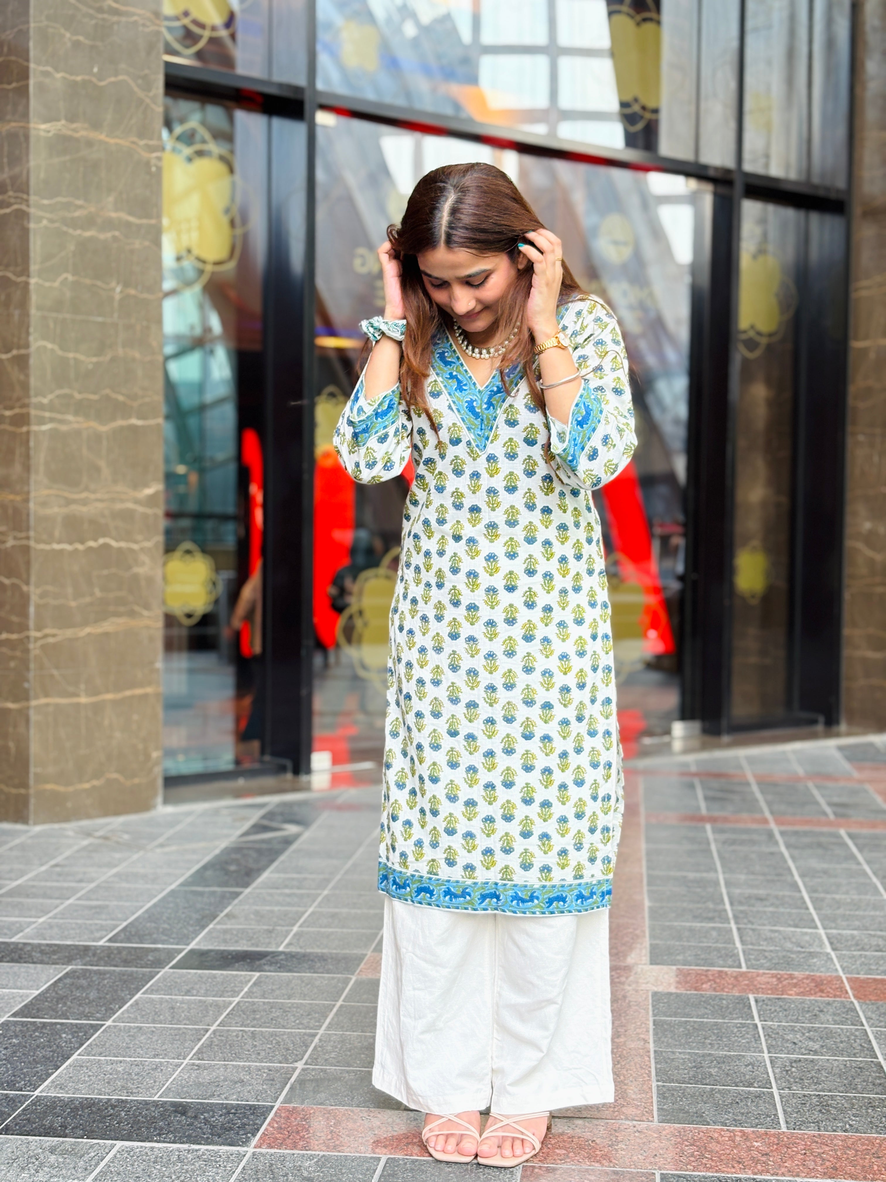 Beach-Blue & Olive Floral Block‑Print Cotton Kurti