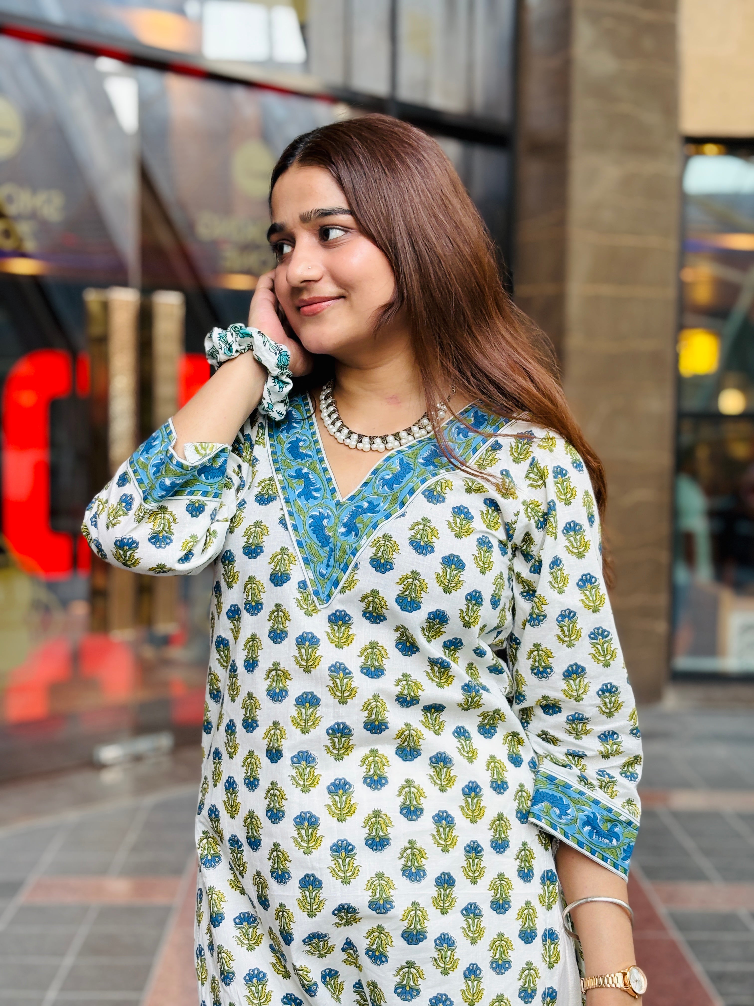 Beach-Blue & Olive Floral Block‑Print Cotton Kurti