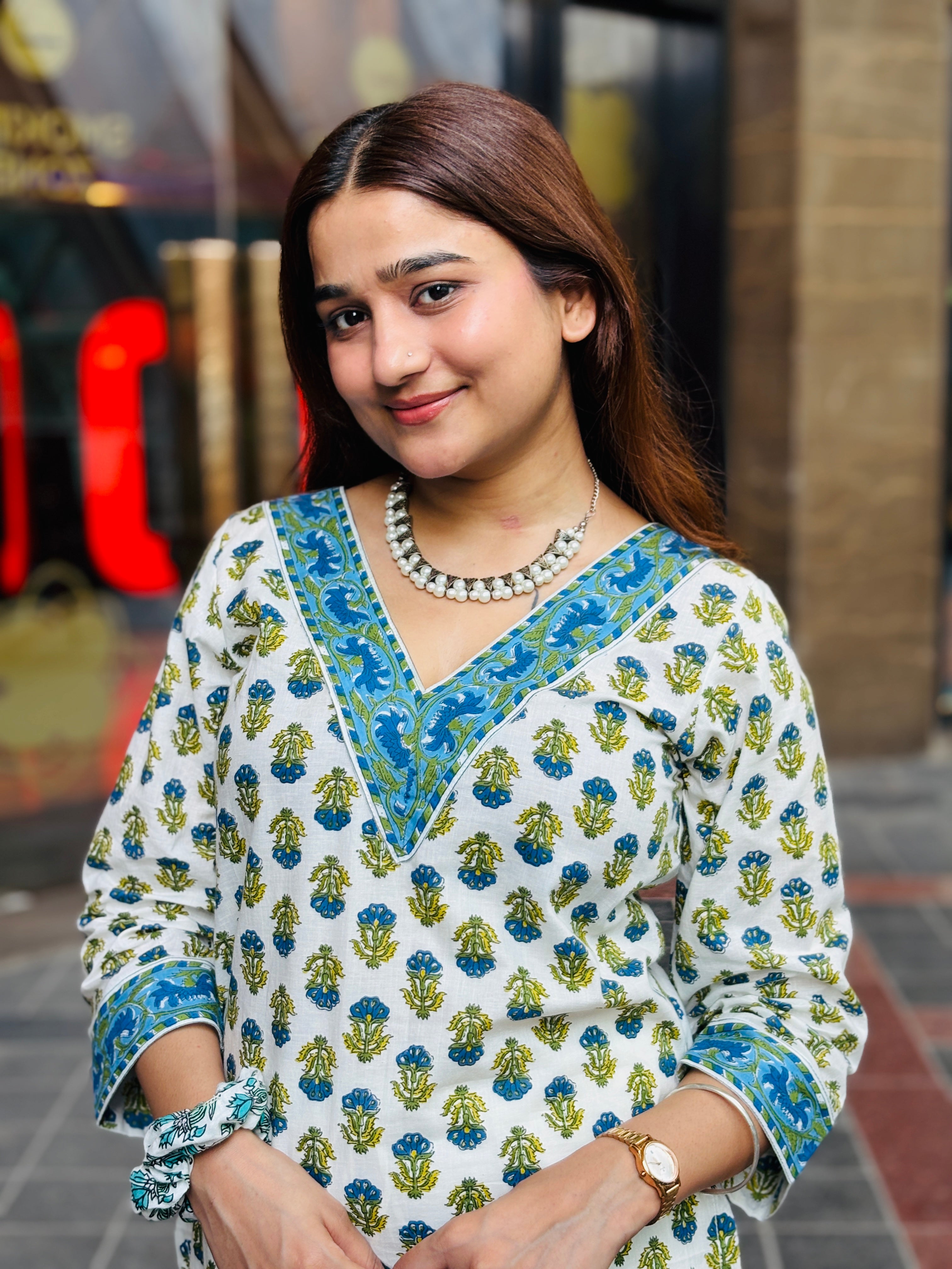 Beach-Blue & Olive Floral Block‑Print Cotton Kurti