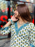 Beach-Blue & Olive Floral Block‑Print Cotton Kurti