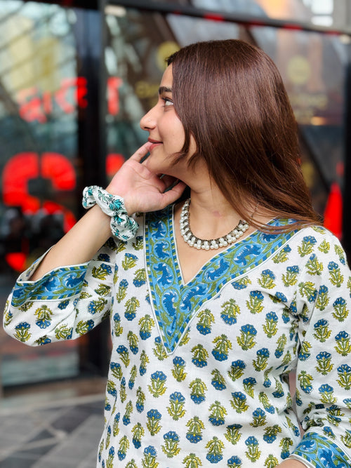 Beach-Blue & Olive Floral Block‑Print Cotton Kurti