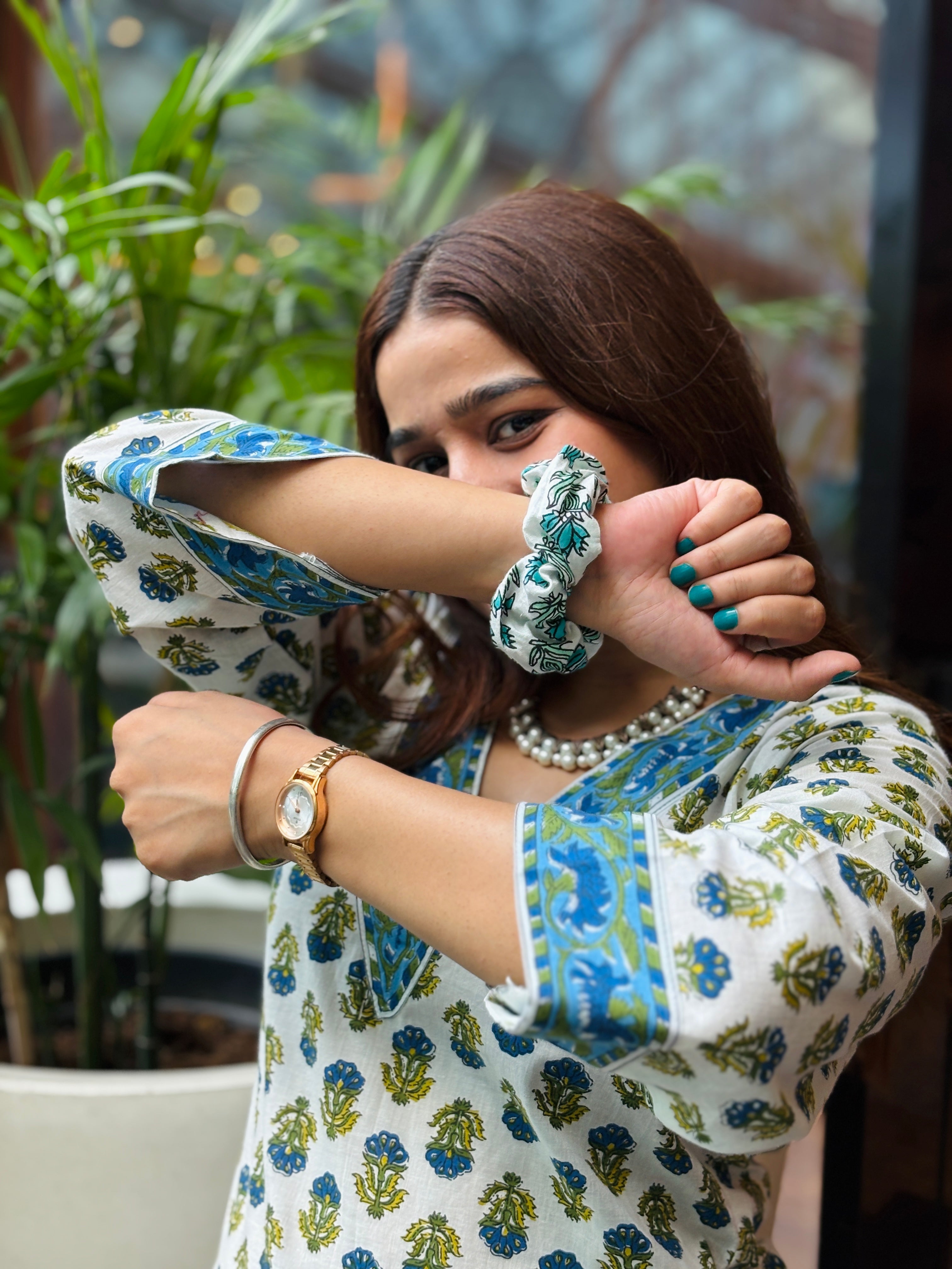 Beach-Blue & Olive Floral Block‑Print Cotton Kurti