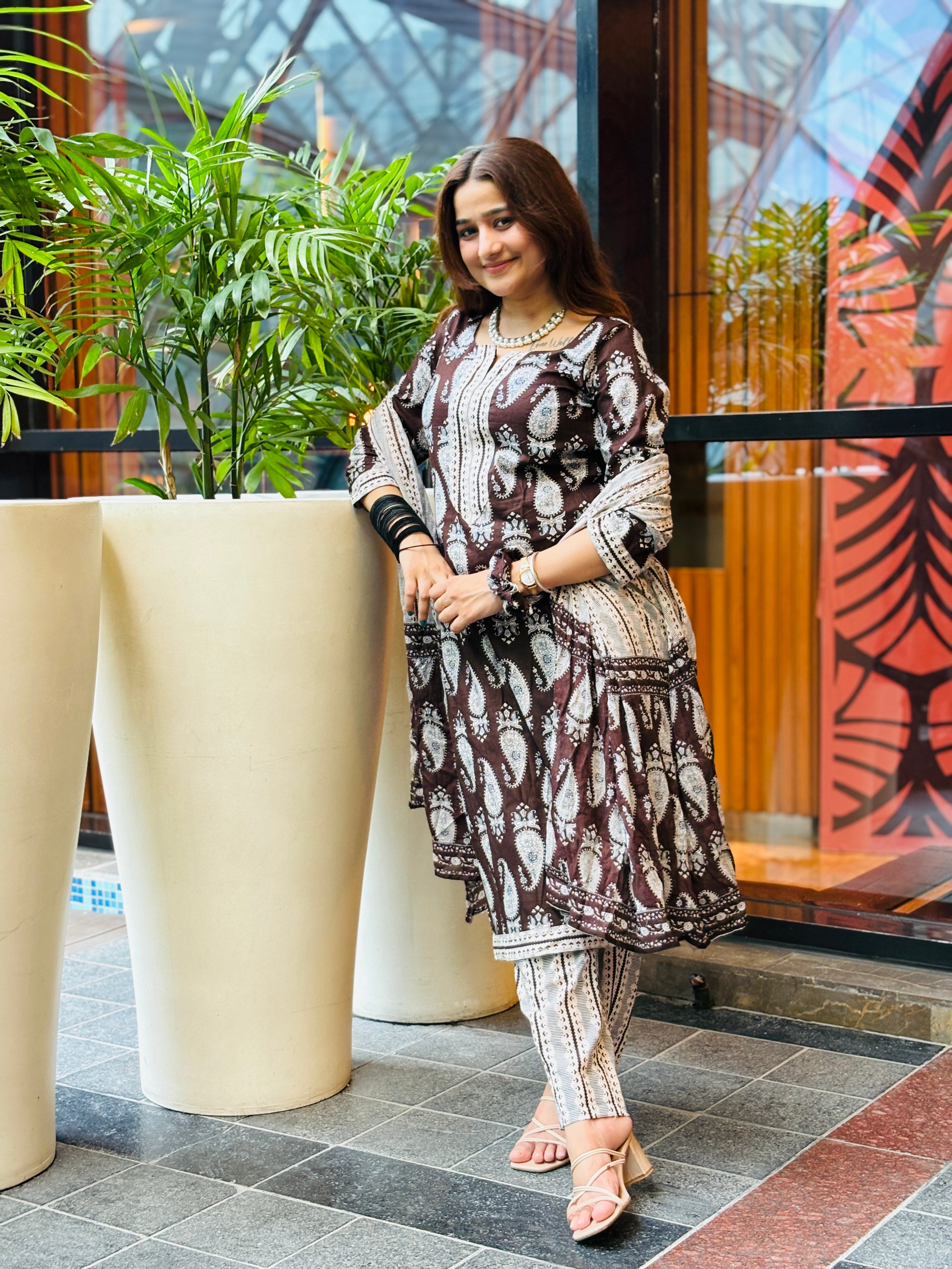 Elegant Brown & White Paisley Suit Set