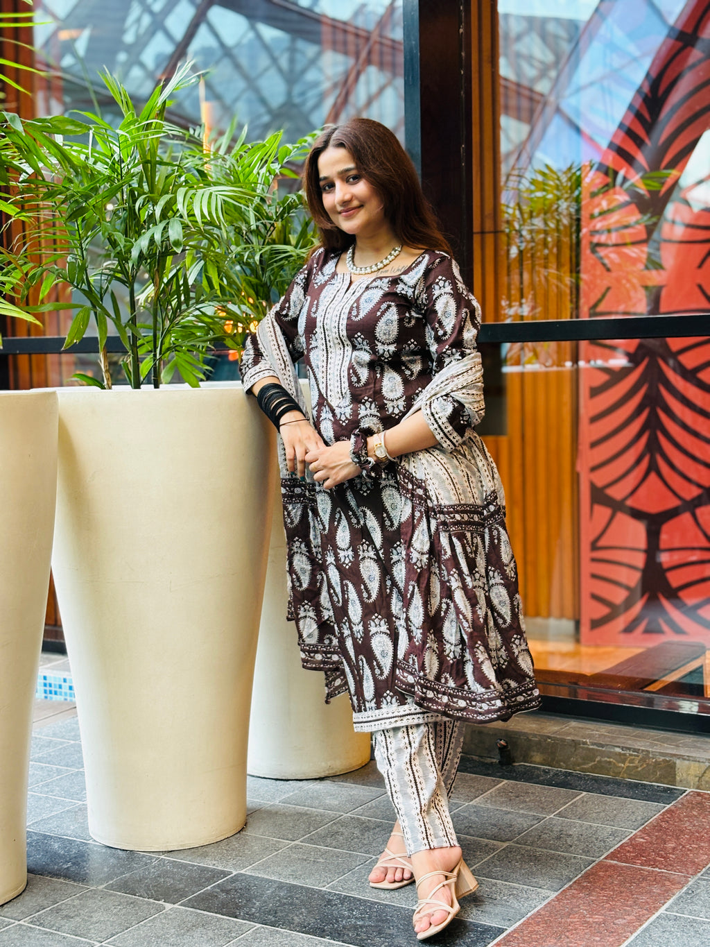 Elegant Brown & White Paisley Suit Set