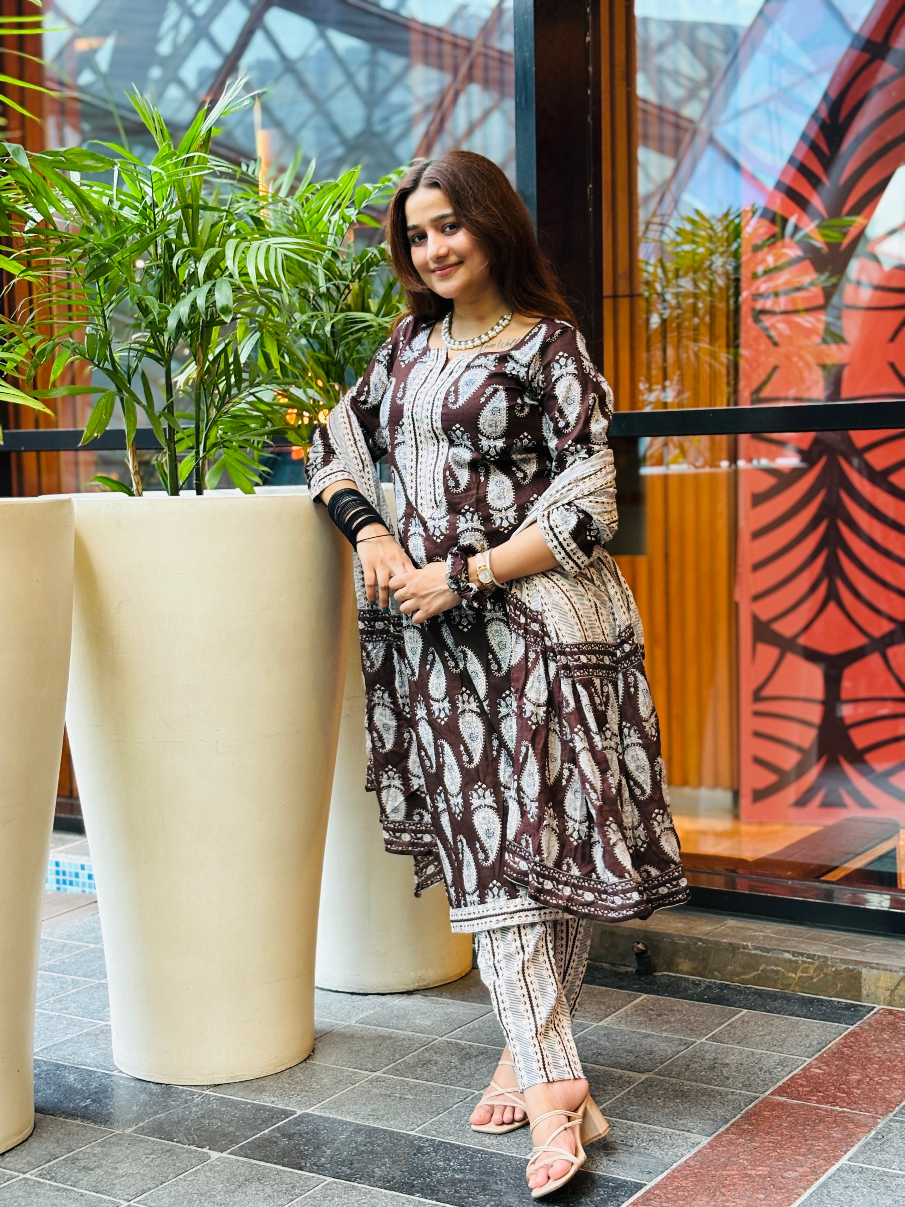 Elegant Brown & White Paisley Suit Set