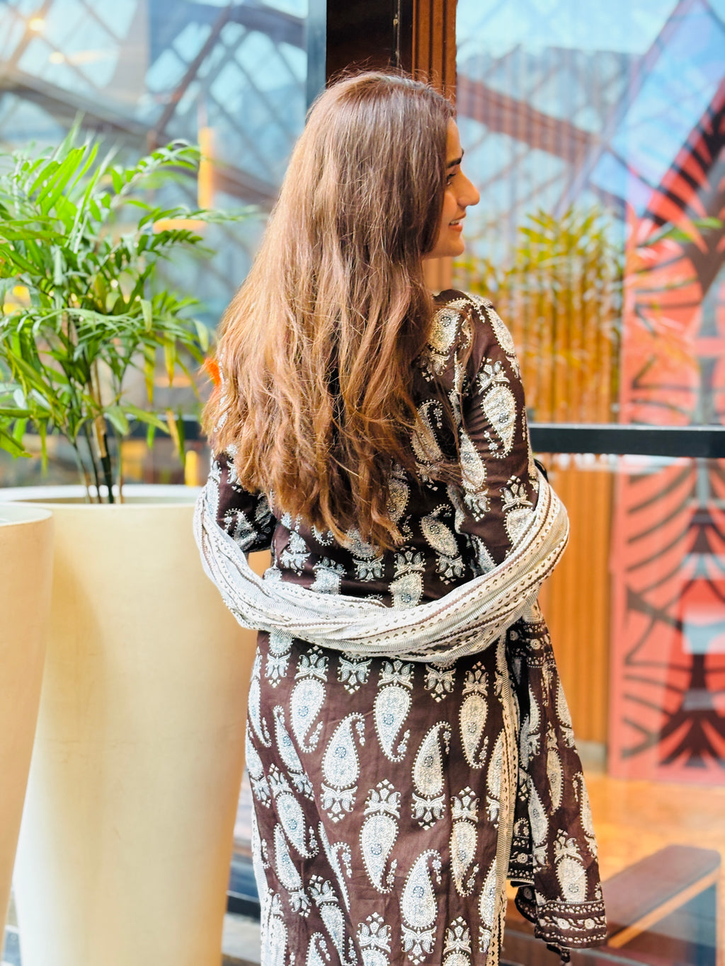 Elegant Brown & White Paisley Suit Set