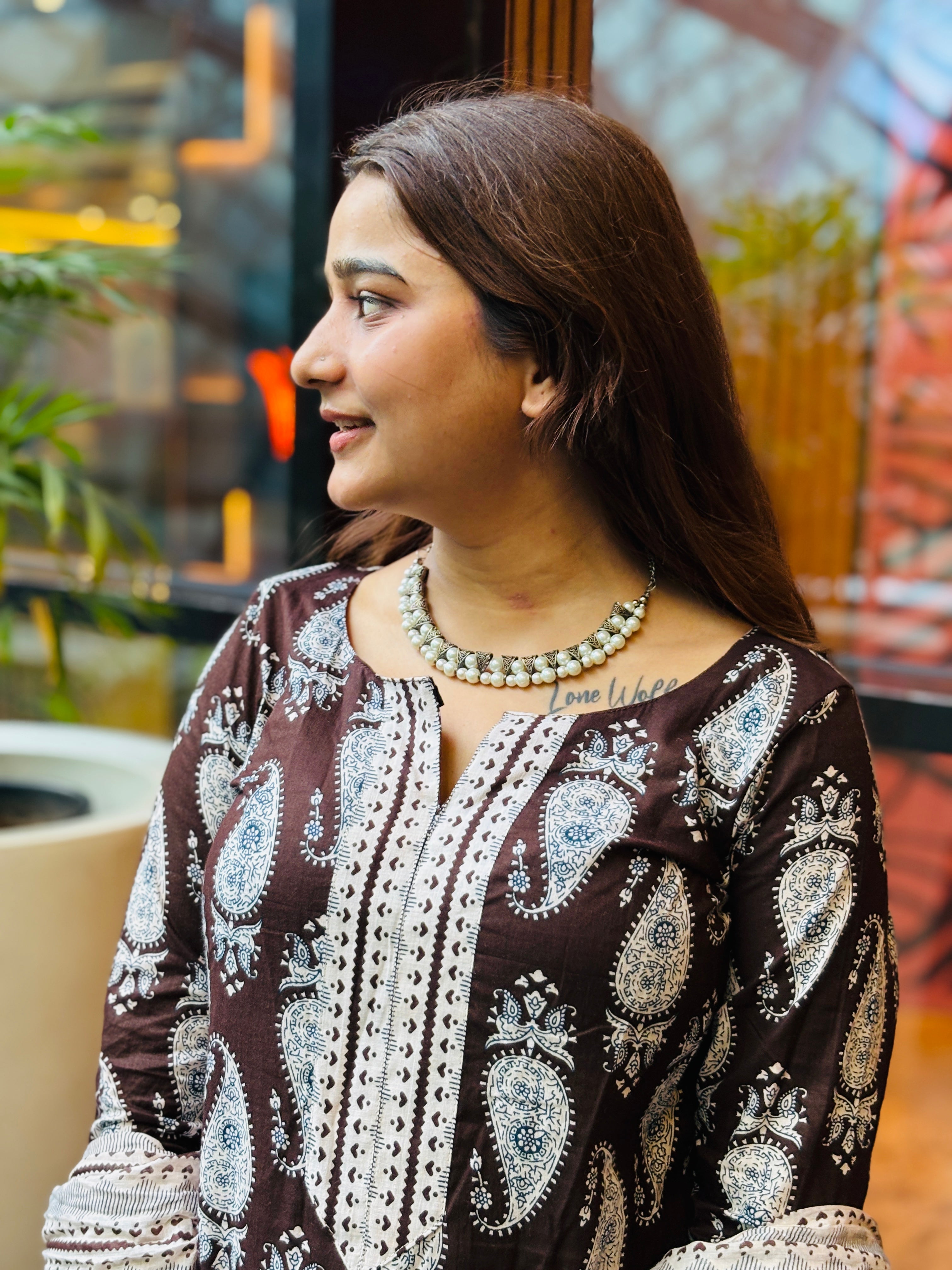 Elegant Brown & White Paisley Suit Set