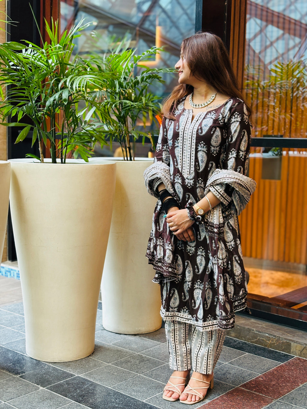 Elegant Brown & White Paisley Suit Set