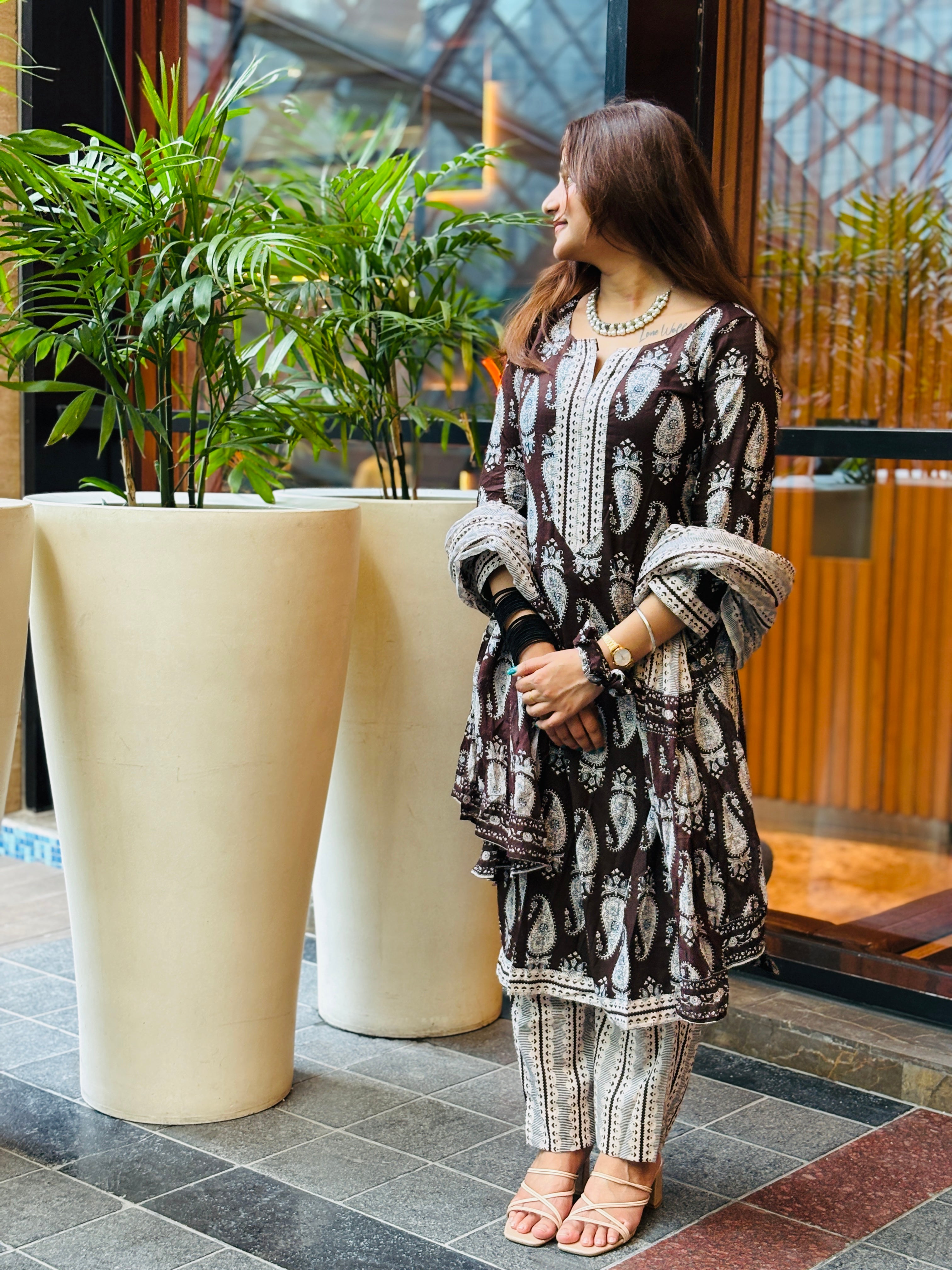 Elegant Brown & White Paisley Suit Set