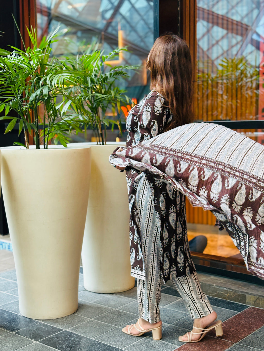 Elegant Brown & White Paisley Suit Set